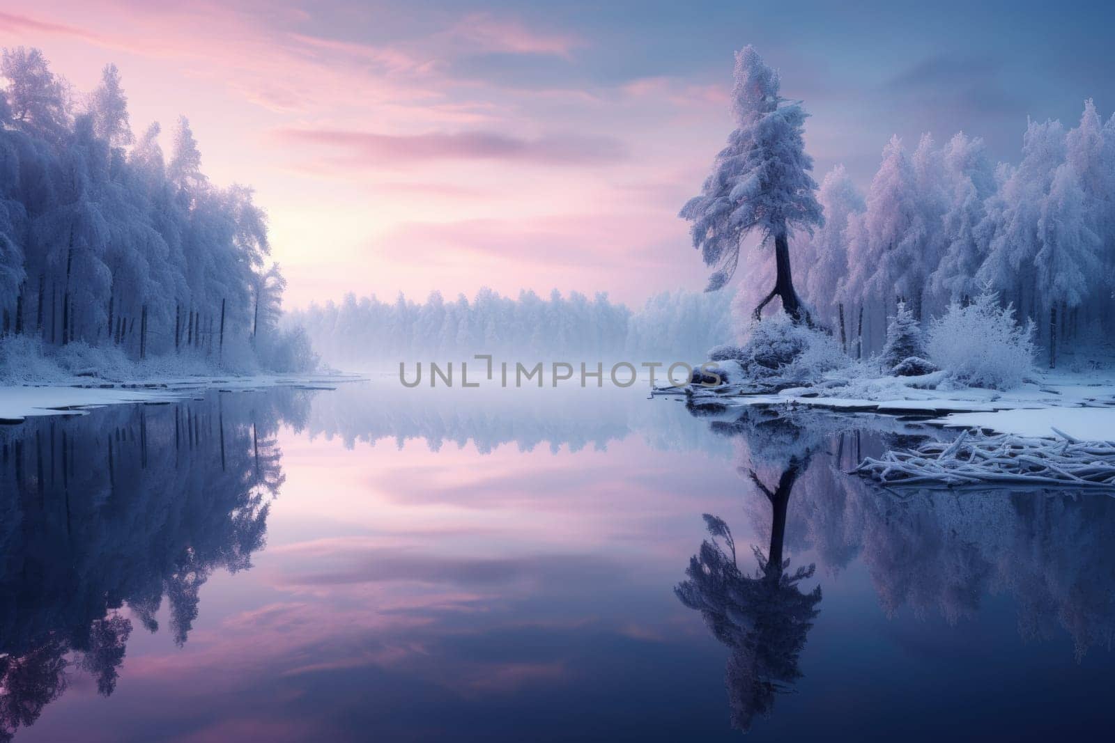 Peaceful winter landscape with tree and foggy lake, golden hour, sunrise. AI Generated