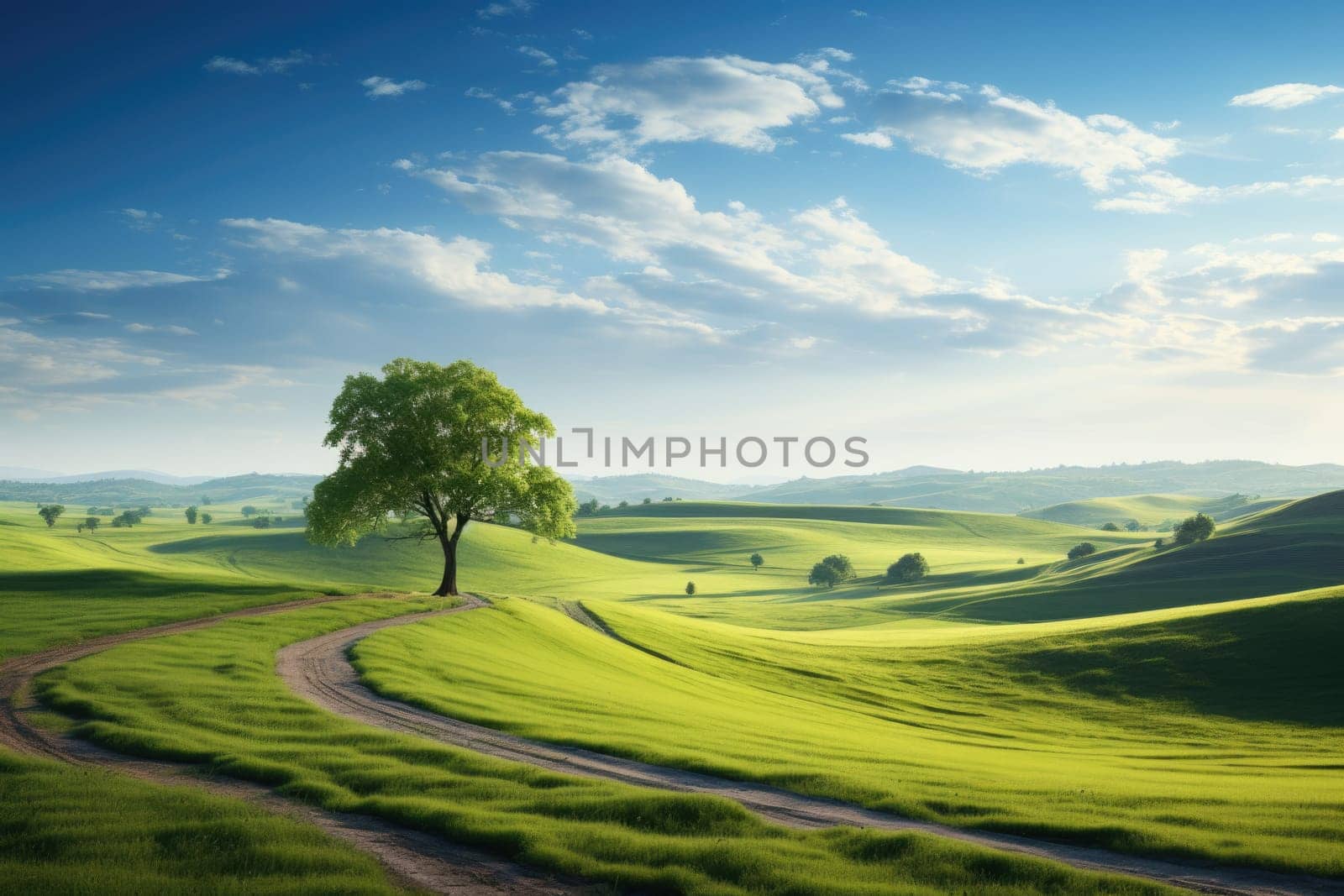 Serene summer landscape with tree and foggy fields. AI Generated by Desperada