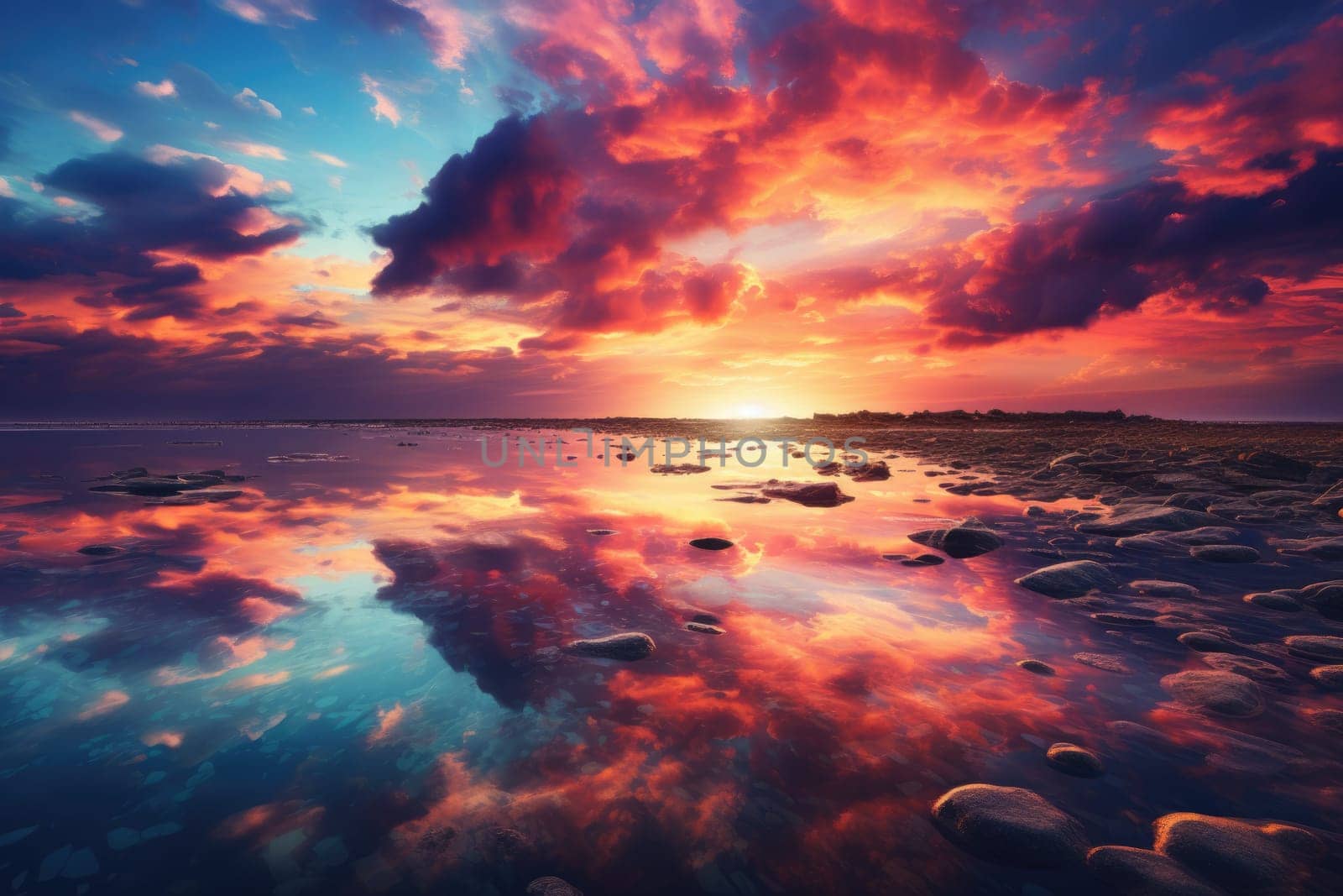 Serene landscape with sunset over water. AI Generated by Desperada