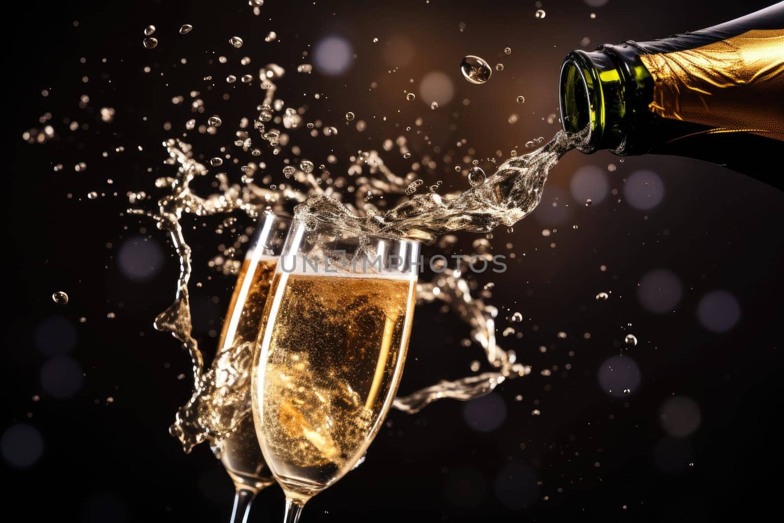bottle of champagne bubbling over as it pours into a flute champagne glass. AI Generated