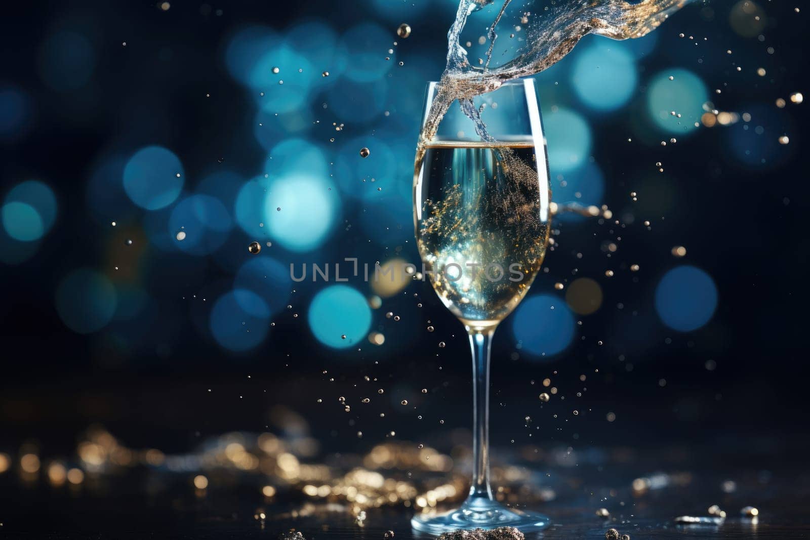 Champagne glass filled with sparkling drink, AI Generated by Desperada