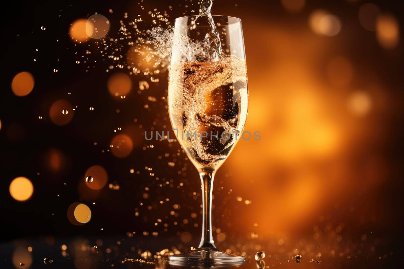 Champagne glass filled with sparkling drink, AI Generated by Desperada