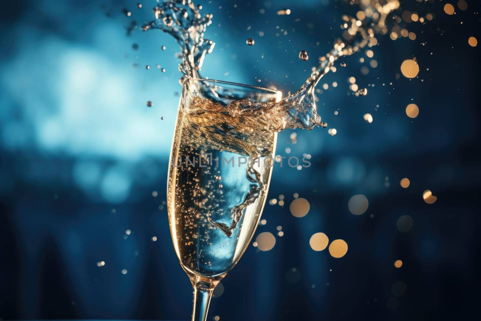 Champagne glass filled with sparkling drink, blue background,. AI Generated