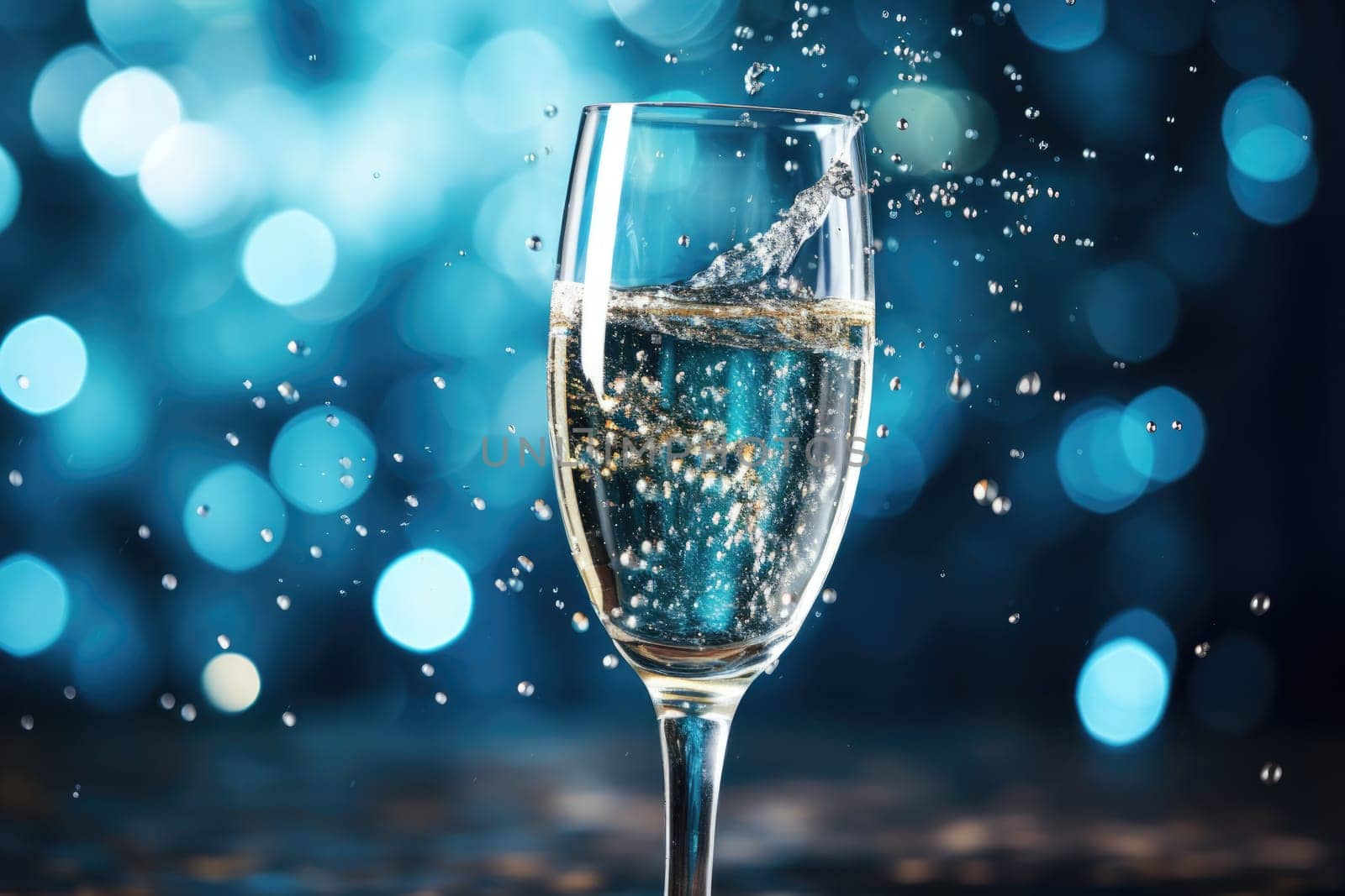 Champagne glass filled with sparkling drink, blue background,. AI Generated