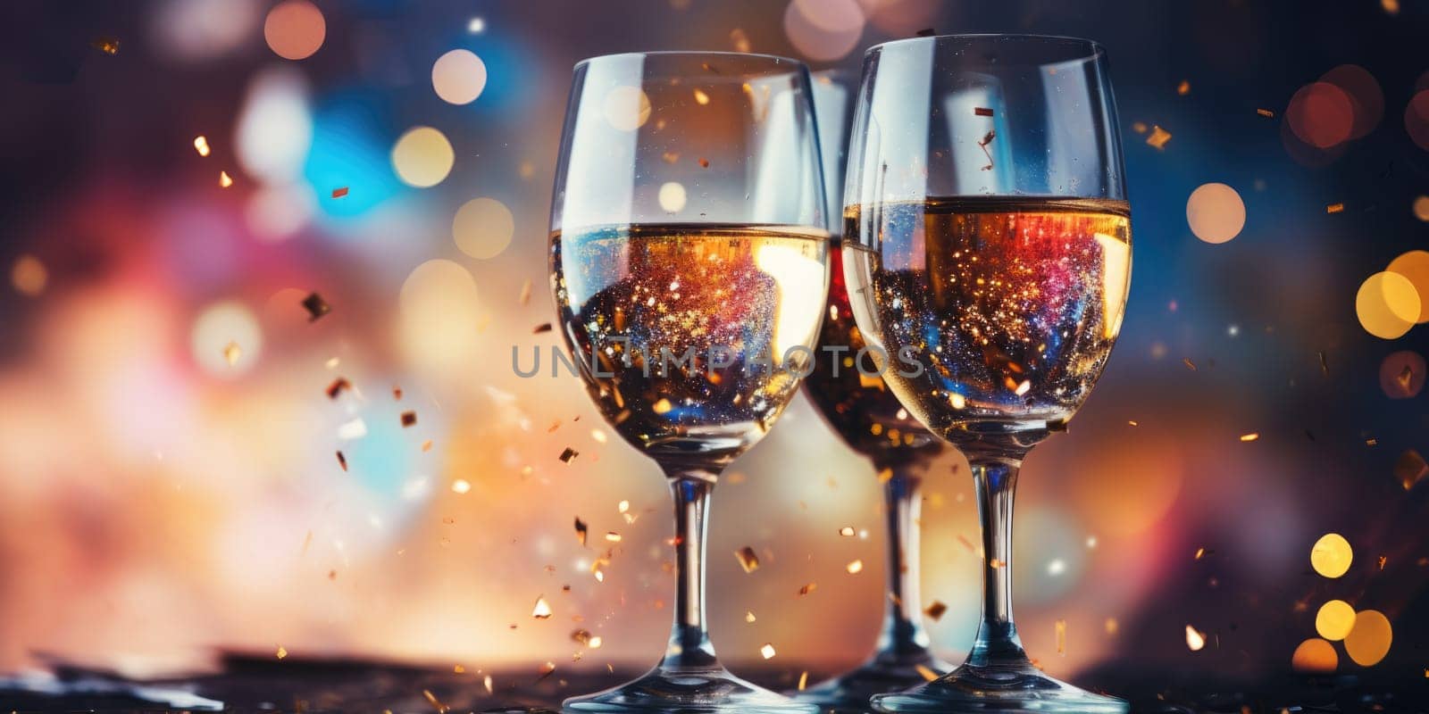 Champagne glass filled with sparkling drink, blurred background,. AI Generated