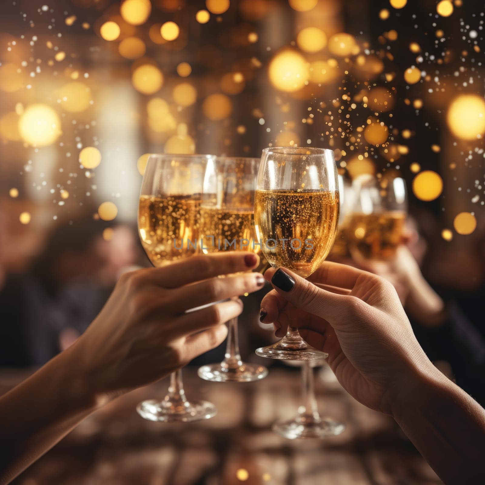 Closeup of hands toasting with champagne glasses at party against glittering background with confetti, AI Generated
