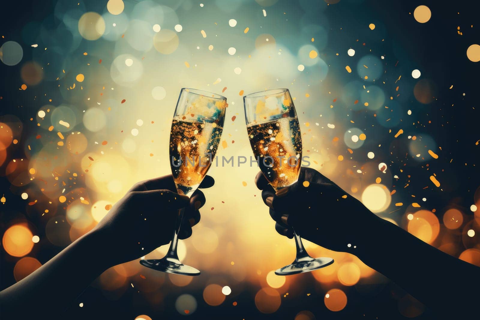 hands toasting with champagne glasses at party against glittering background with confetti, AI Generated by Desperada
