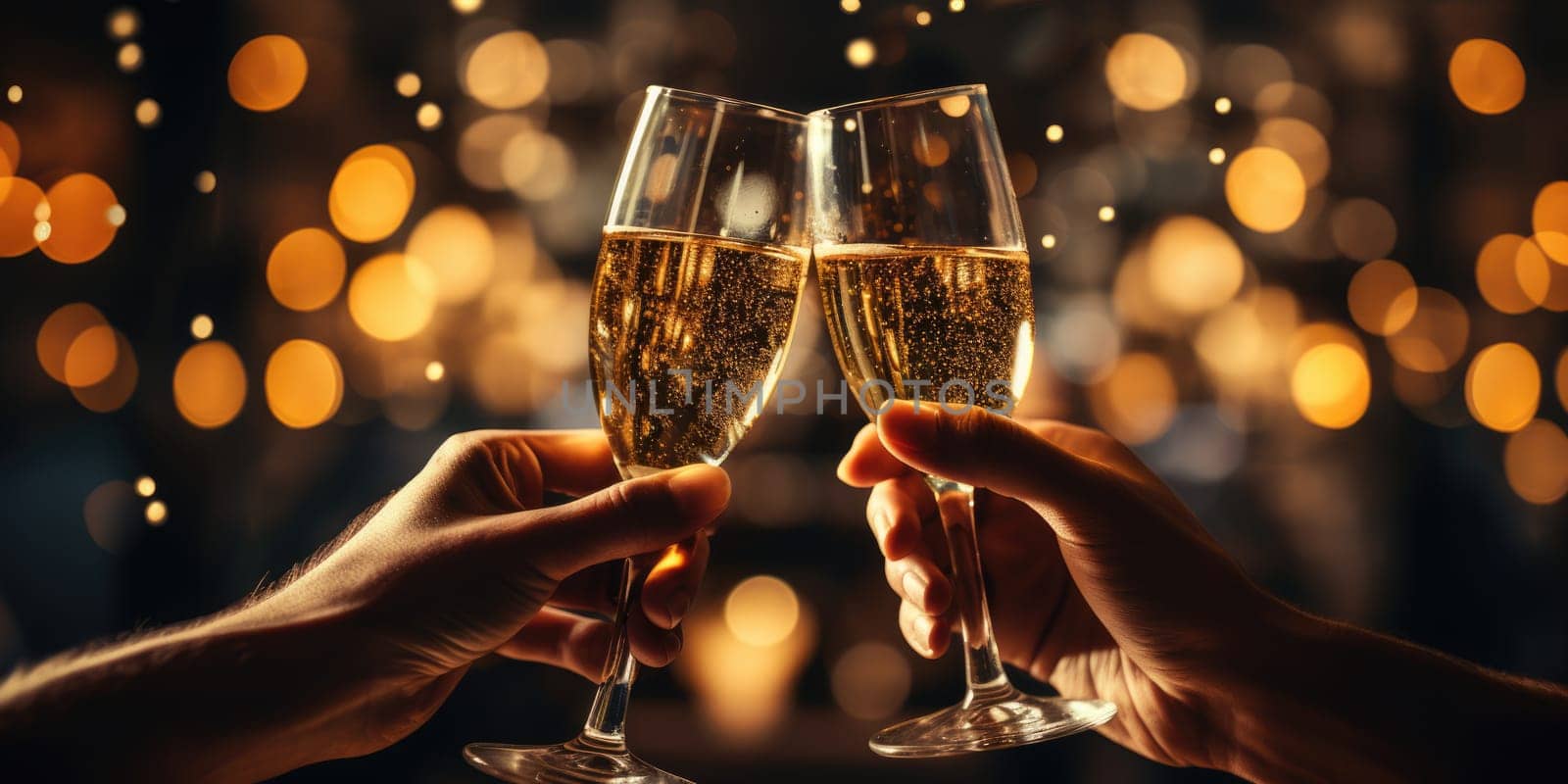 Closeup of hands toasting with champagne glasses at party against glittering background with confetti, AI Generated