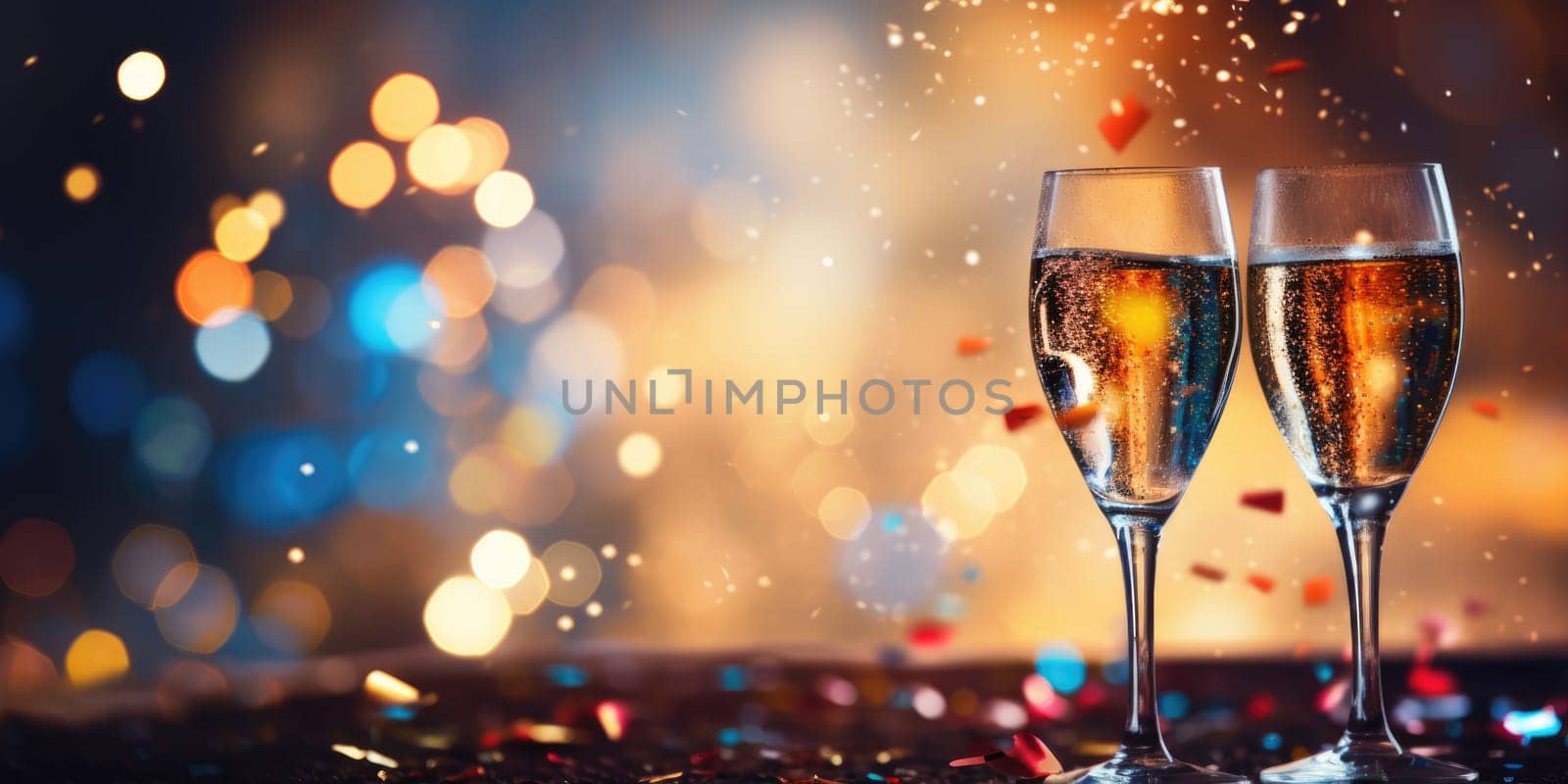 Champagne glass filled with sparkling drink, blurred background,. AI Generated