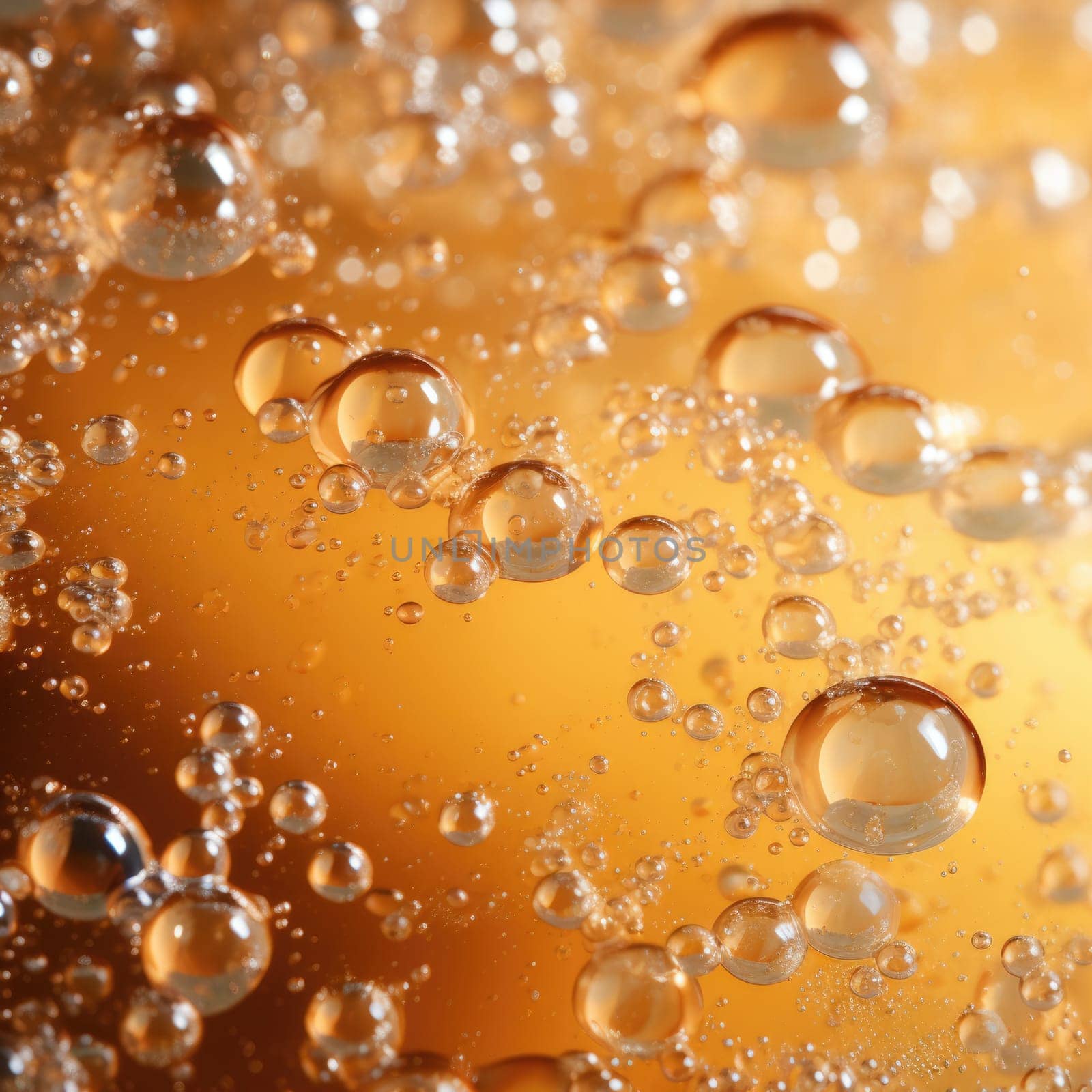 Fizzy champagne macro texture with small and larger bubbles. AI Generated