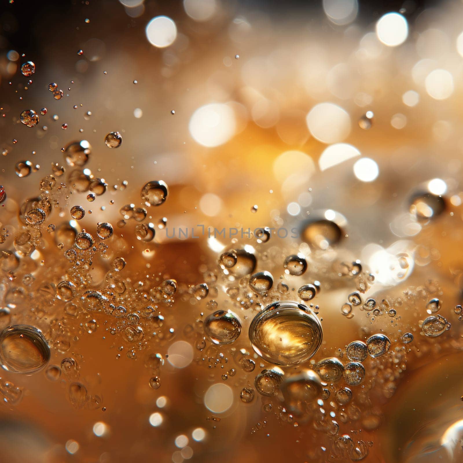 Fizzy champagne macro texture with small and larger bubbles. AI Generated