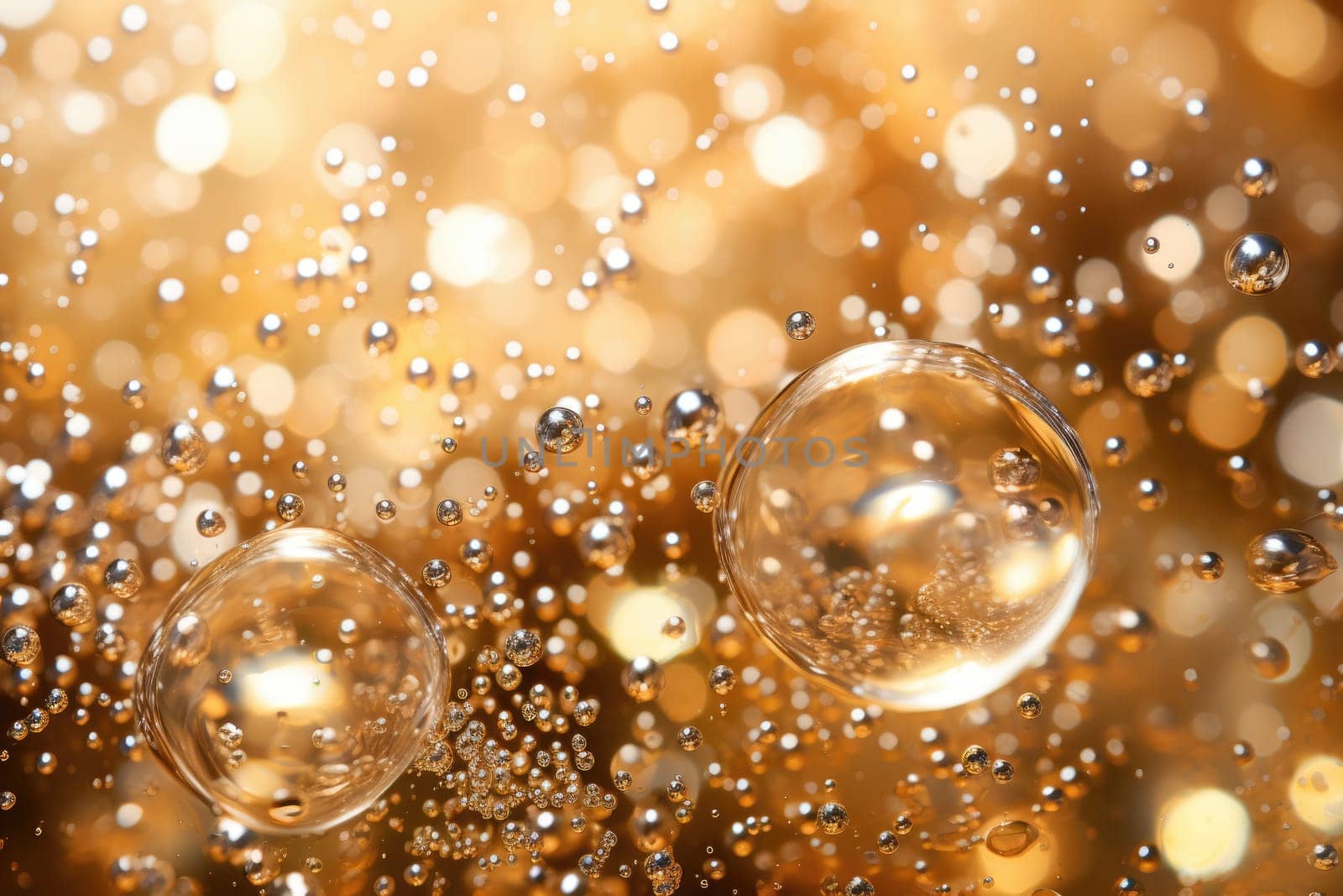 Champagne fizz bubbles soars over a golden background. AI Generated by Desperada