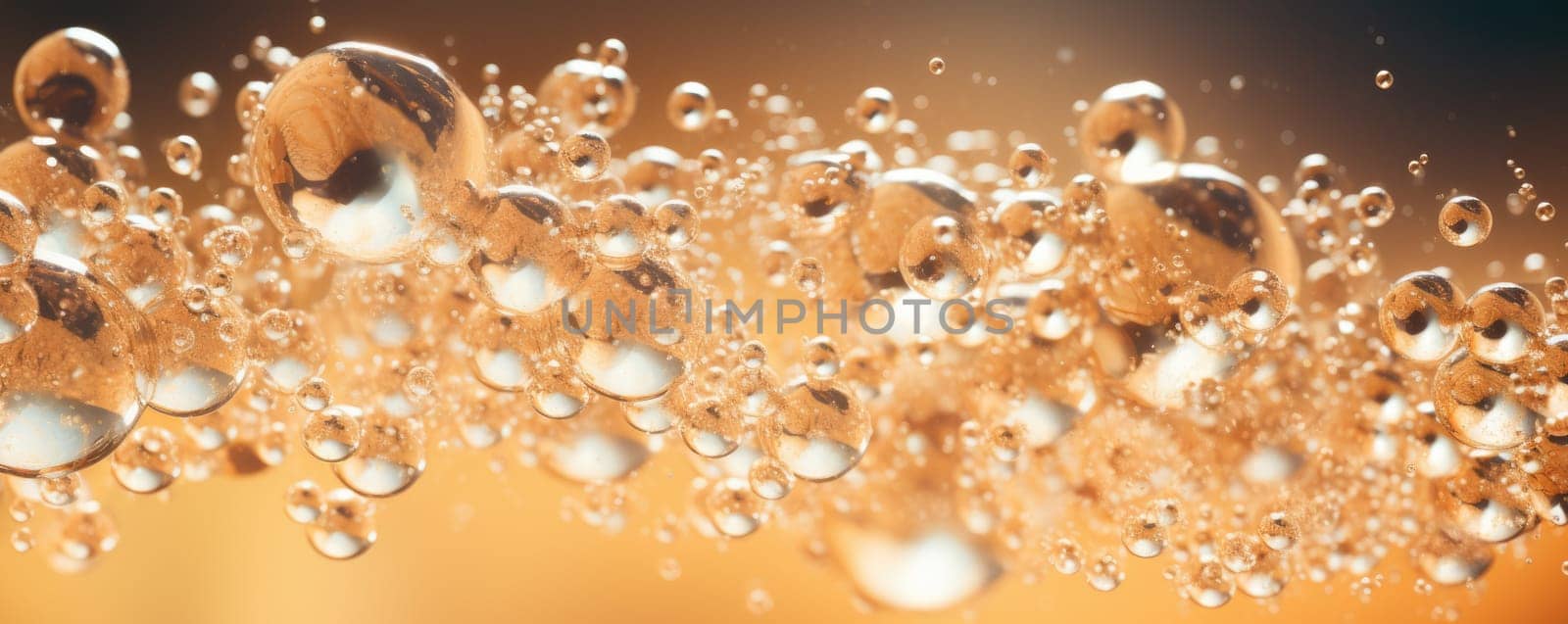 Fizzy champagne macro texture with small and larger bubbles. AI Generated