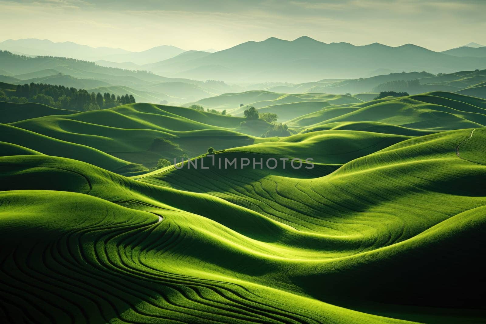 Serene summer landscape with rolling fields. AI Generated by Desperada