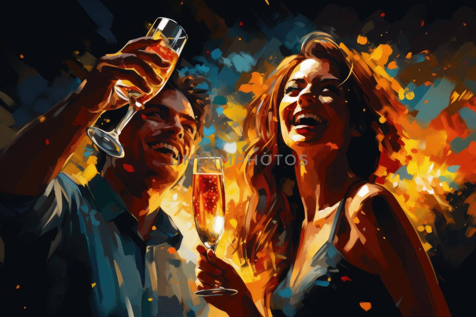 Christmas party time. Young people toasting with champagne flutes. Multiethnic friends congratulating each other with new year. AI Generated