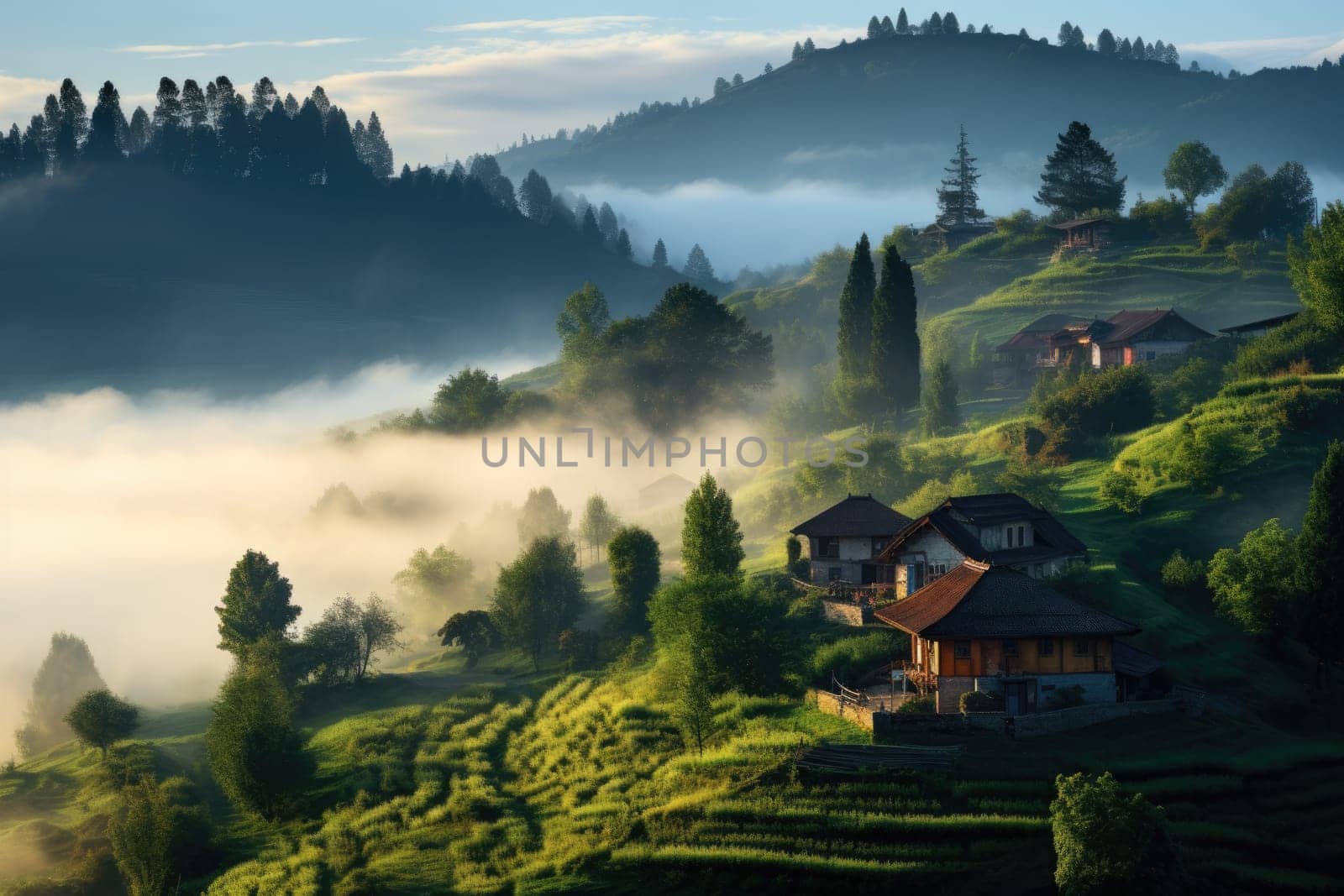 Serene hillside landscape with trees and foggy fields. AI Generated by Desperada
