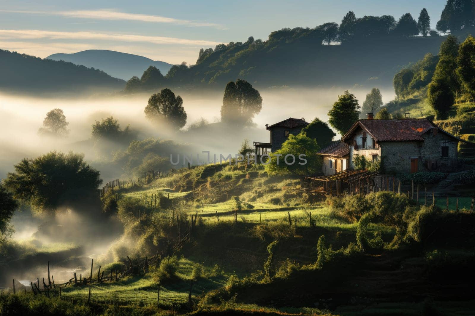 Peaceful hillside landscape with trees and foggy fields. AI Generated