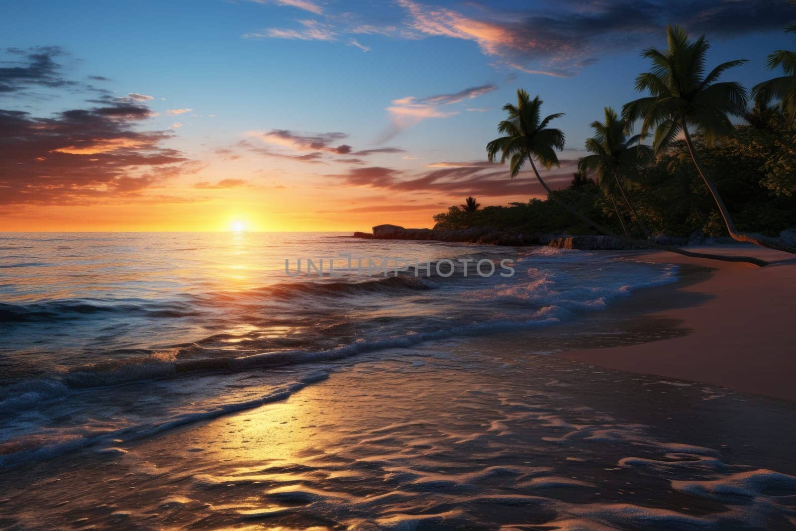 Peaceful tropical landscape with tree and foggy lake, golden hour, sunrise. AI Generated