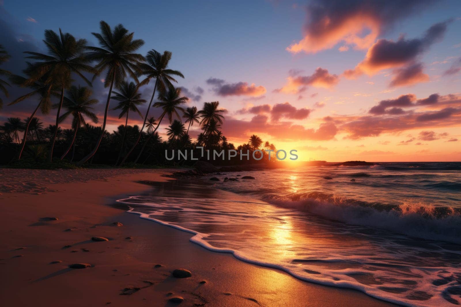 Peaceful tropical landscape with tree and foggy lake, golden hour, sunrise. AI Generated