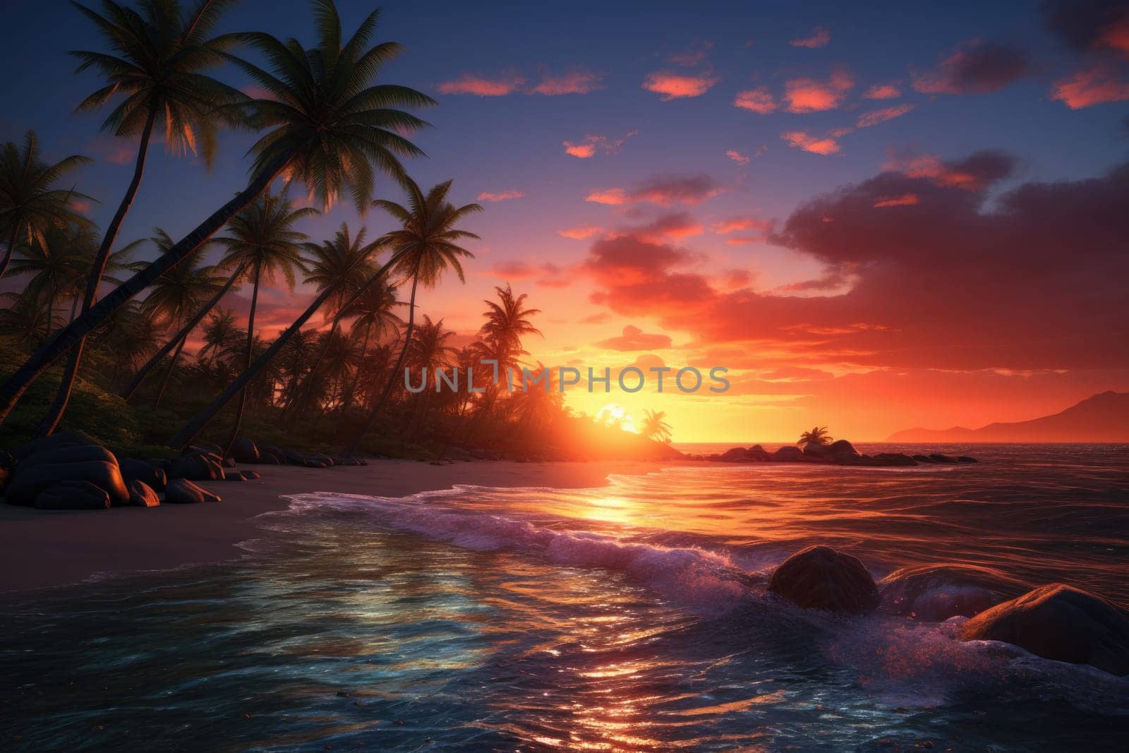 Peaceful tropical landscape with tree and foggy lake, golden hour, sunrise. AI Generated