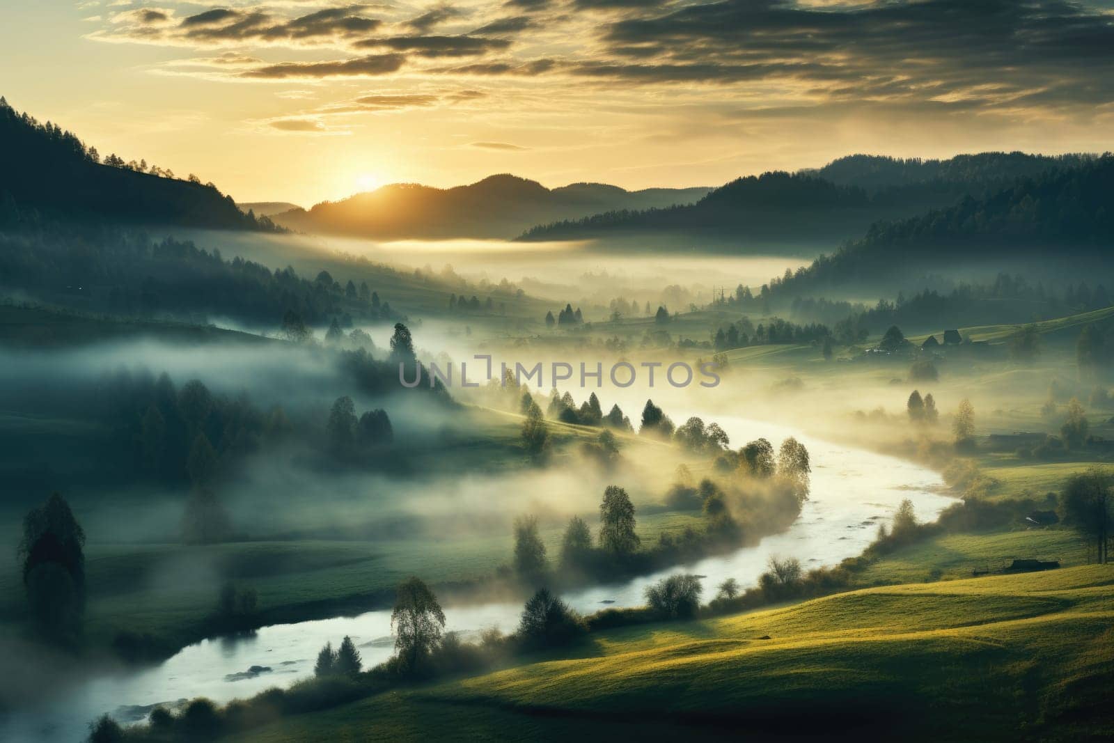 Serene landscape with river and foggy fields. AI Generated by Desperada