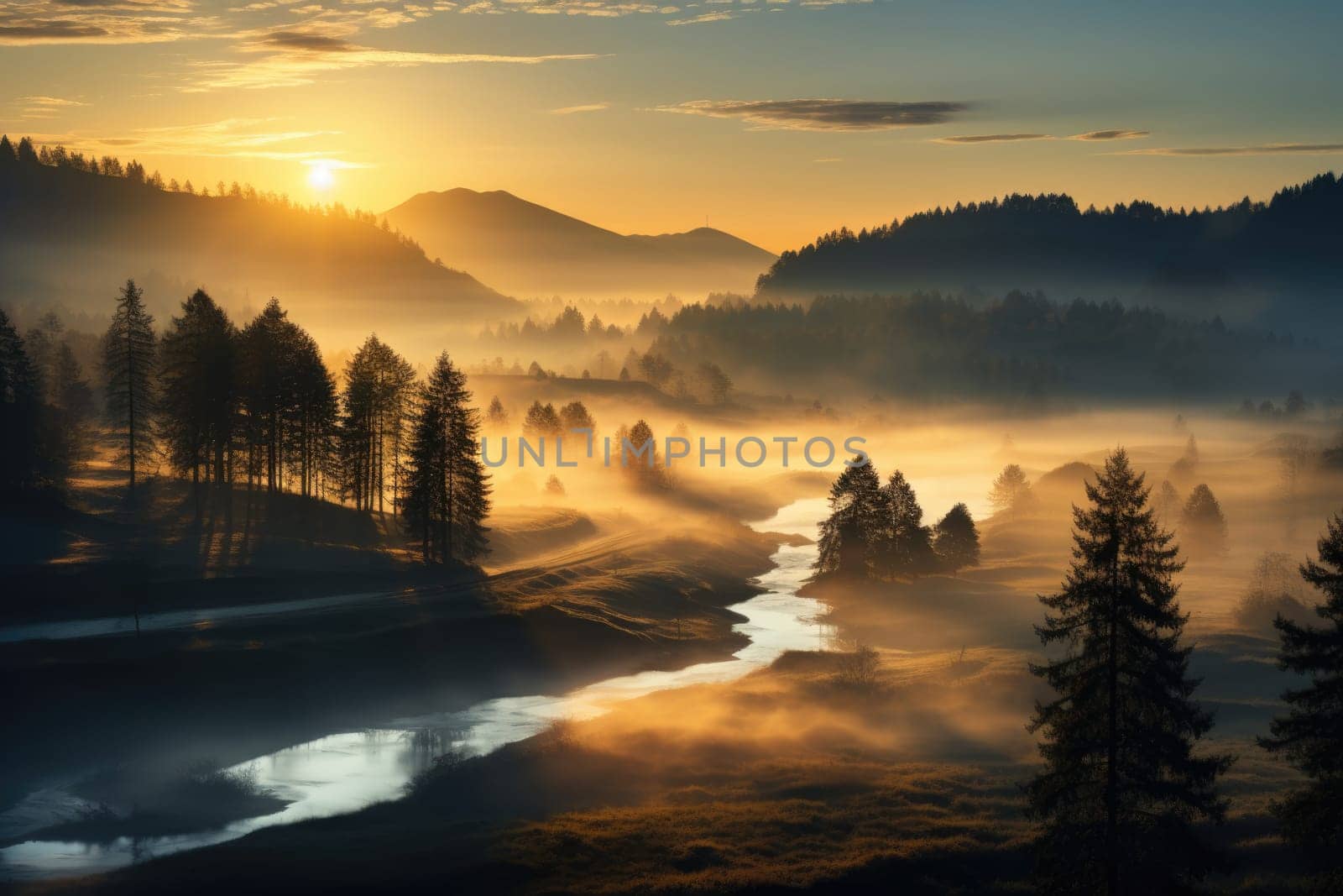 Serene landscape with river and foggy fields. AI Generated by Desperada
