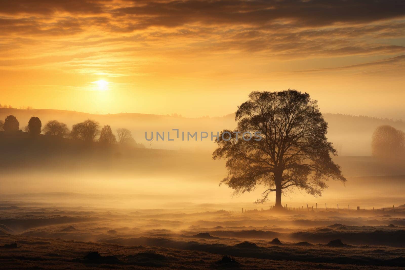 Peaceful landscape with tree and foggy fields, golden hour, sunrise. AI Generated