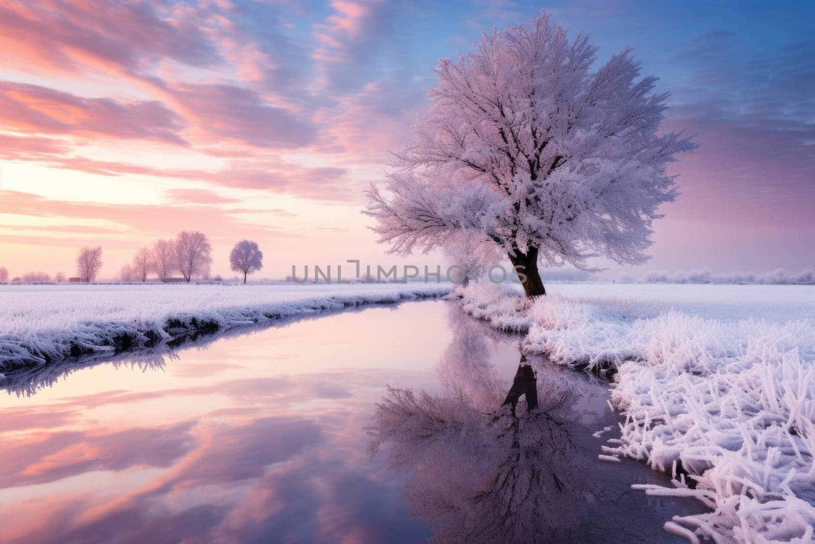 Peaceful winter landscape with tree and foggy lake, golden hour, sunrise. AI Generated