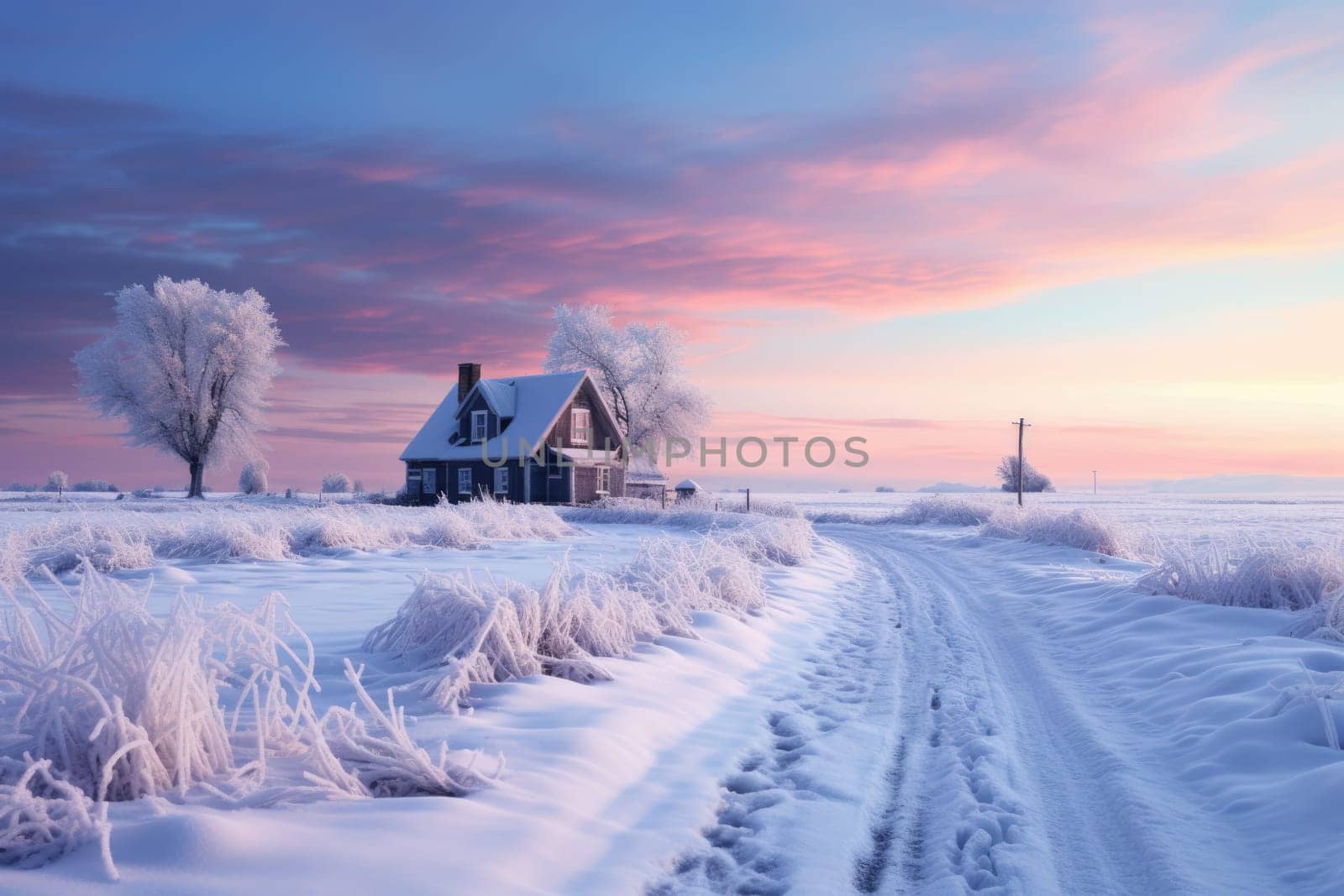 Peaceful winter landscape with tree and foggy lake, golden hour, sunrise. AI Generated
