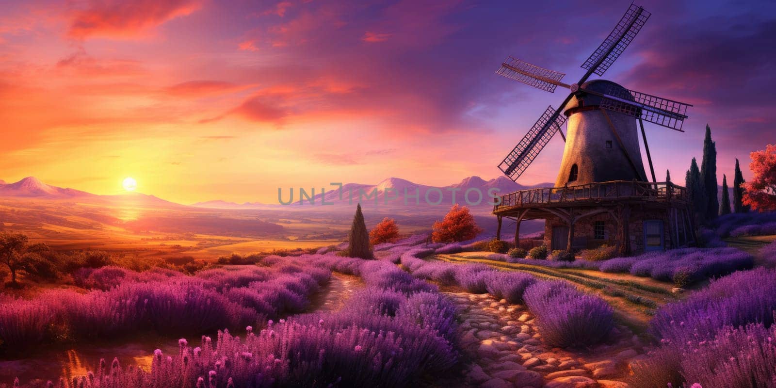 Peaceful countryside landscape with lavender fields, golden hour, sunrise. AI Generated