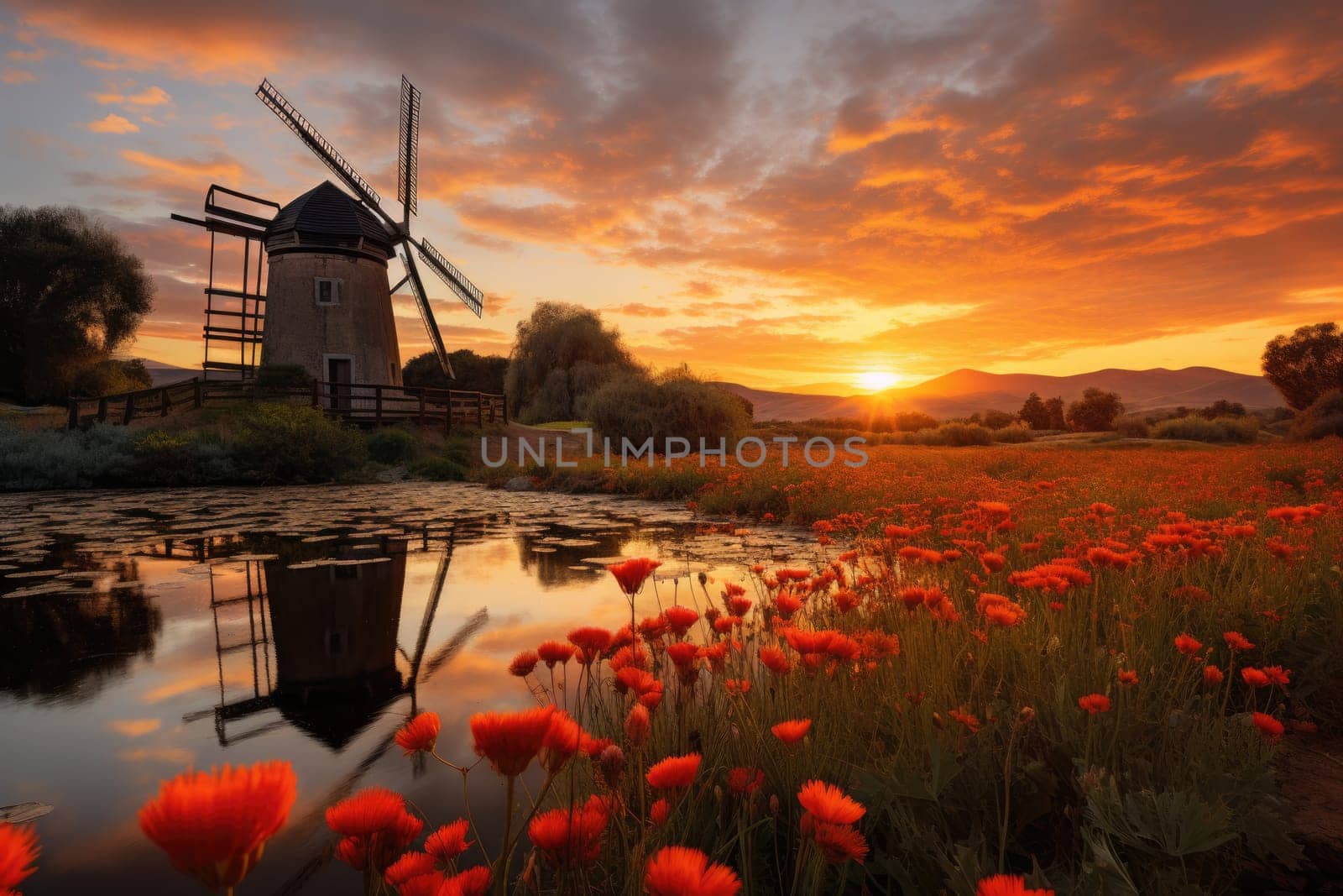 Peaceful countryside landscape with poppy fields, golden hour, sunrise. AI Generated