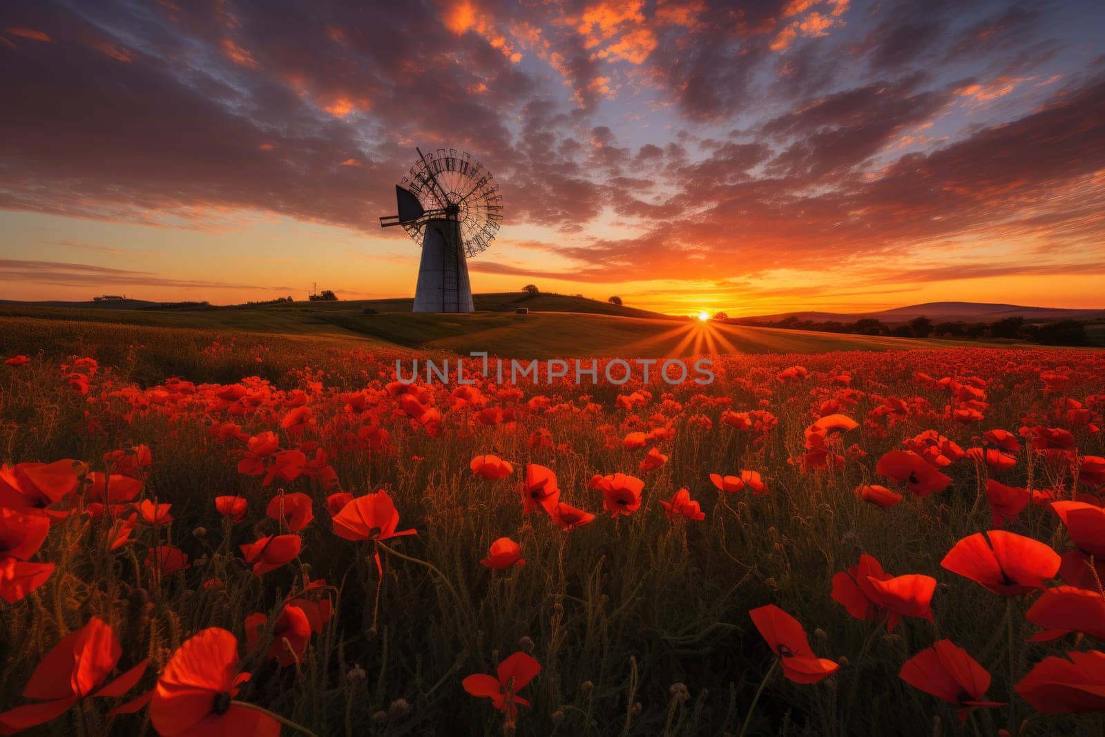 Peaceful countryside landscape with poppy fields, golden hour, sunrise. AI Generated