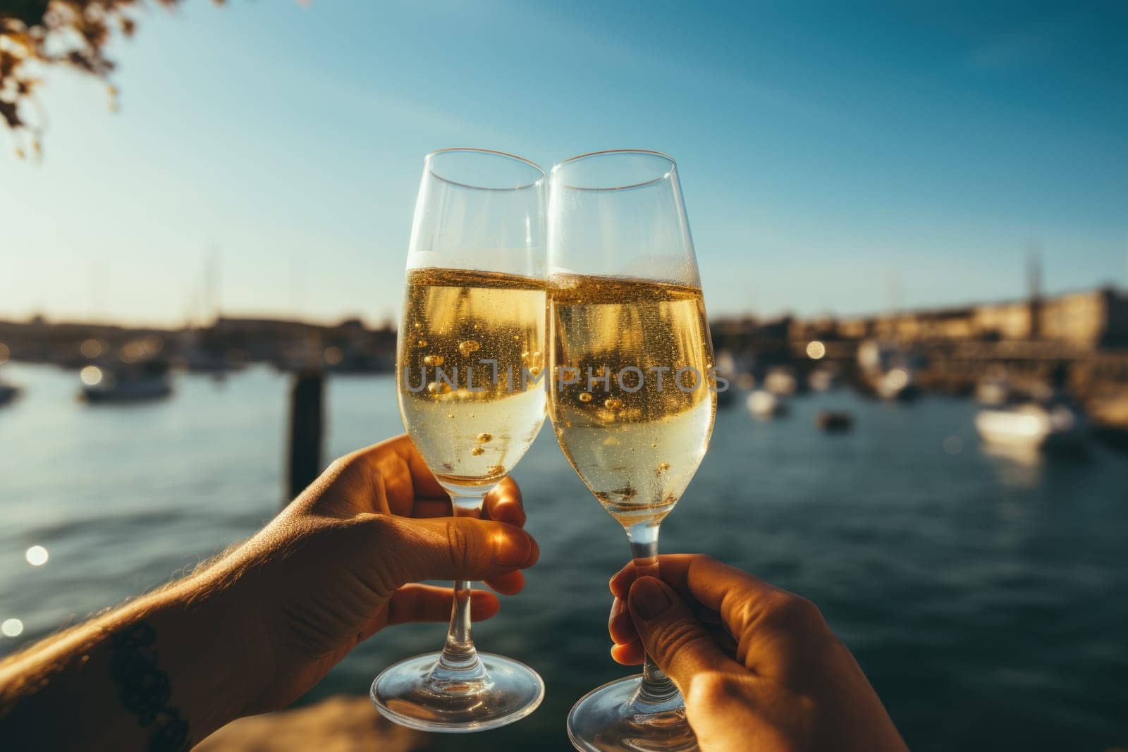 Closeup of hands toasting with champagne glasses at party against glittering background with confetti, AI Generated