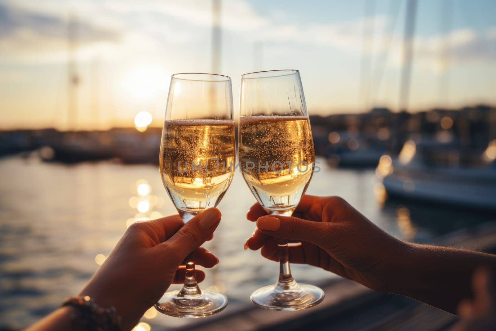 Closeup of hands toasting with champagne glasses at party against glittering background with confetti, AI Generated