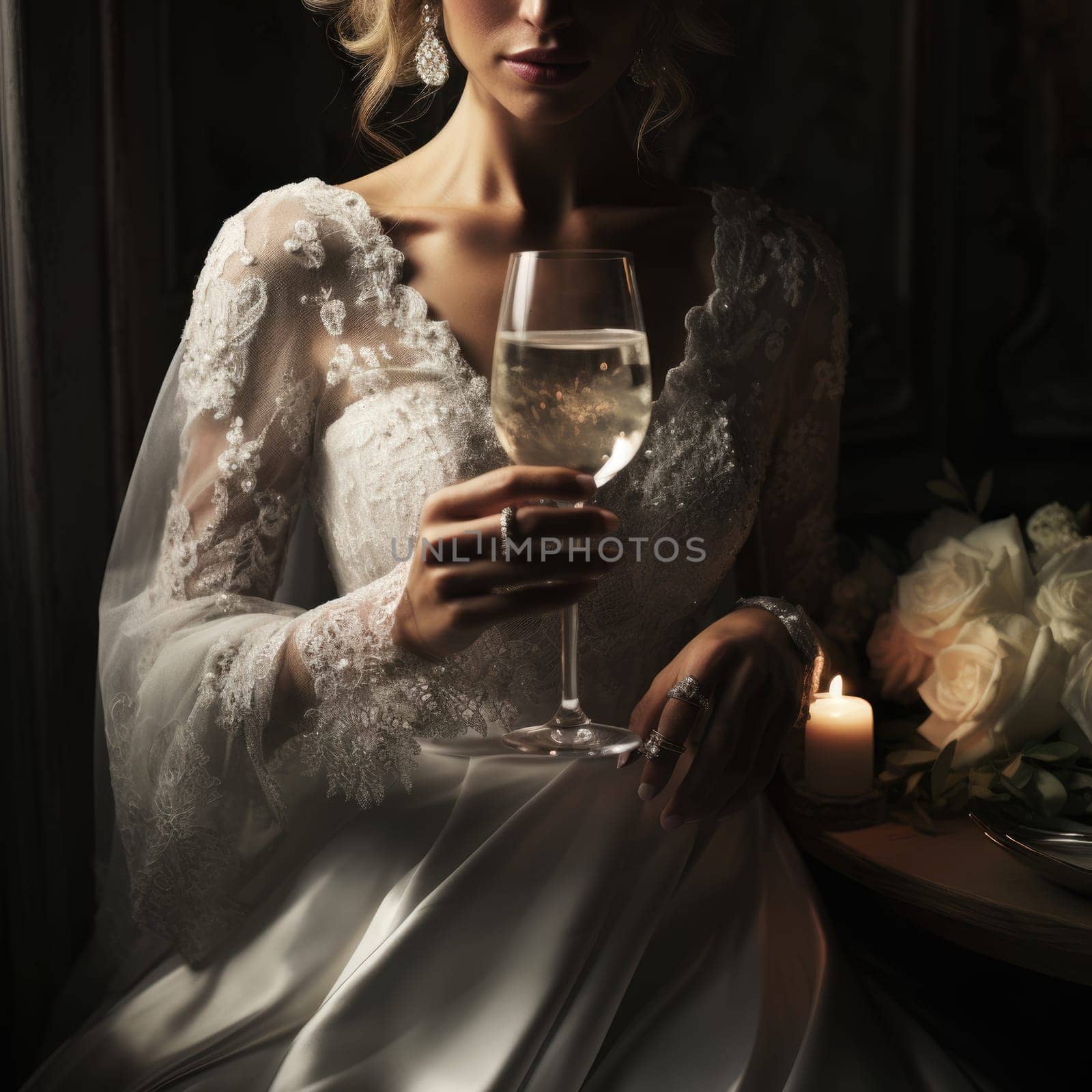 Unrecognizable bride with diamond ring, holding champagne glass, white background. AI Generated