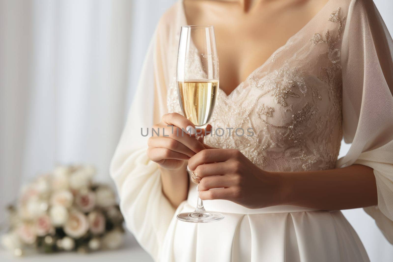 Unrecognizable bride holding champagne glass, white background. AI Generated by Desperada