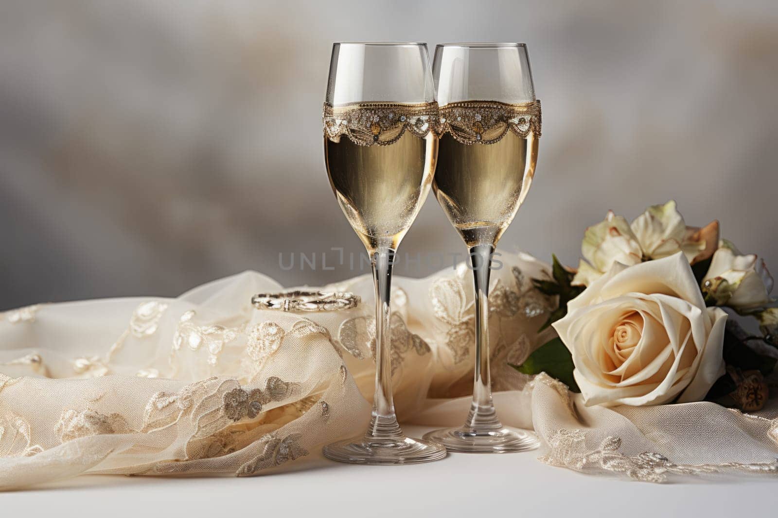 Unrecognizable bride holding champagne glass, white background. AI Generated by Desperada