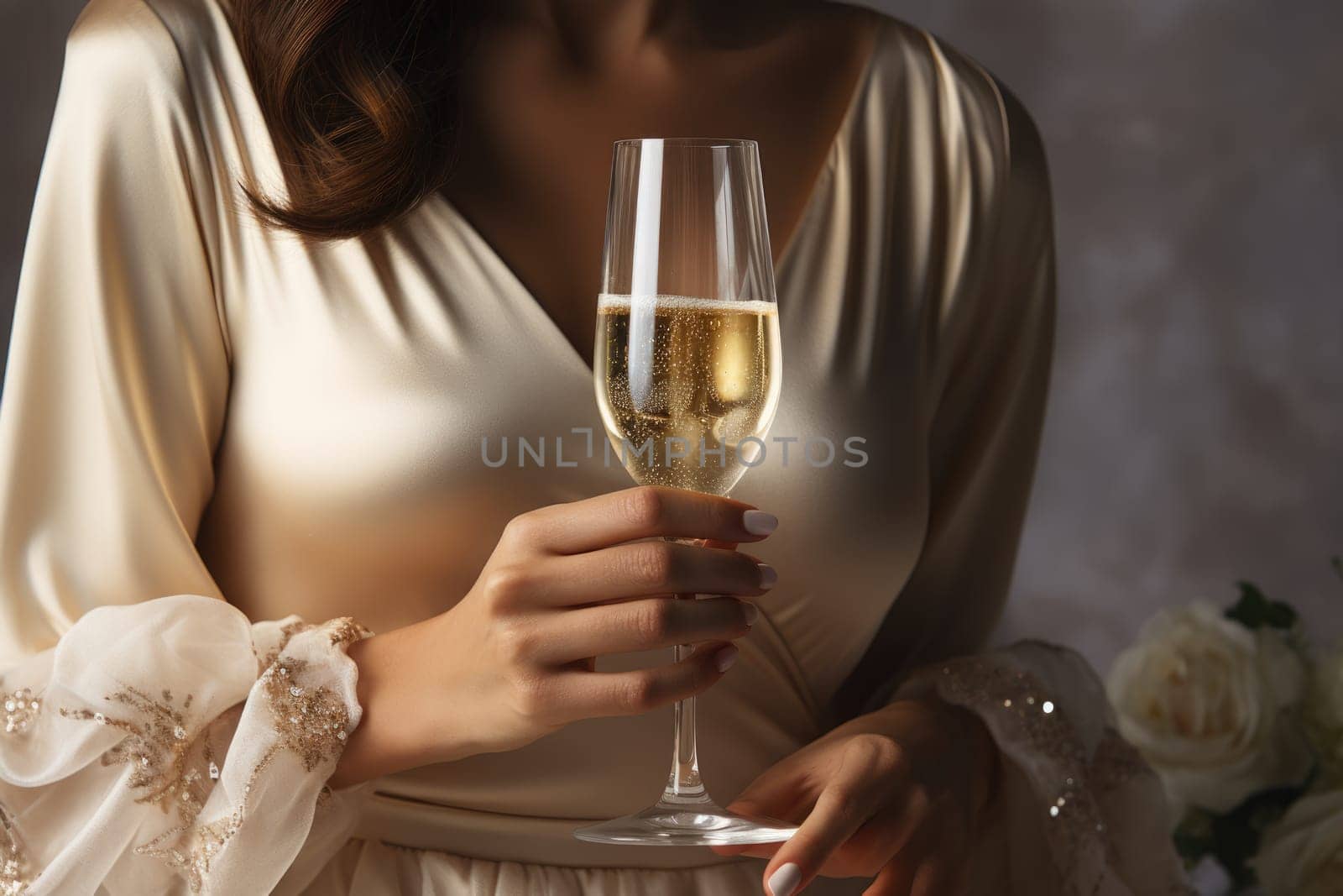Unrecognizable bride holding champagne glass, white background. AI Generated by Desperada