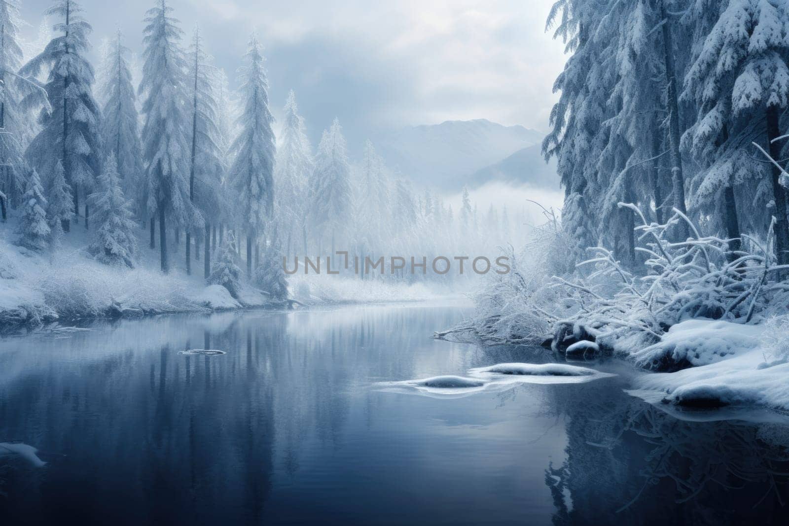 Peaceful winter landscape with tree and frozen lake, golden hour, sunrise. AI Generated