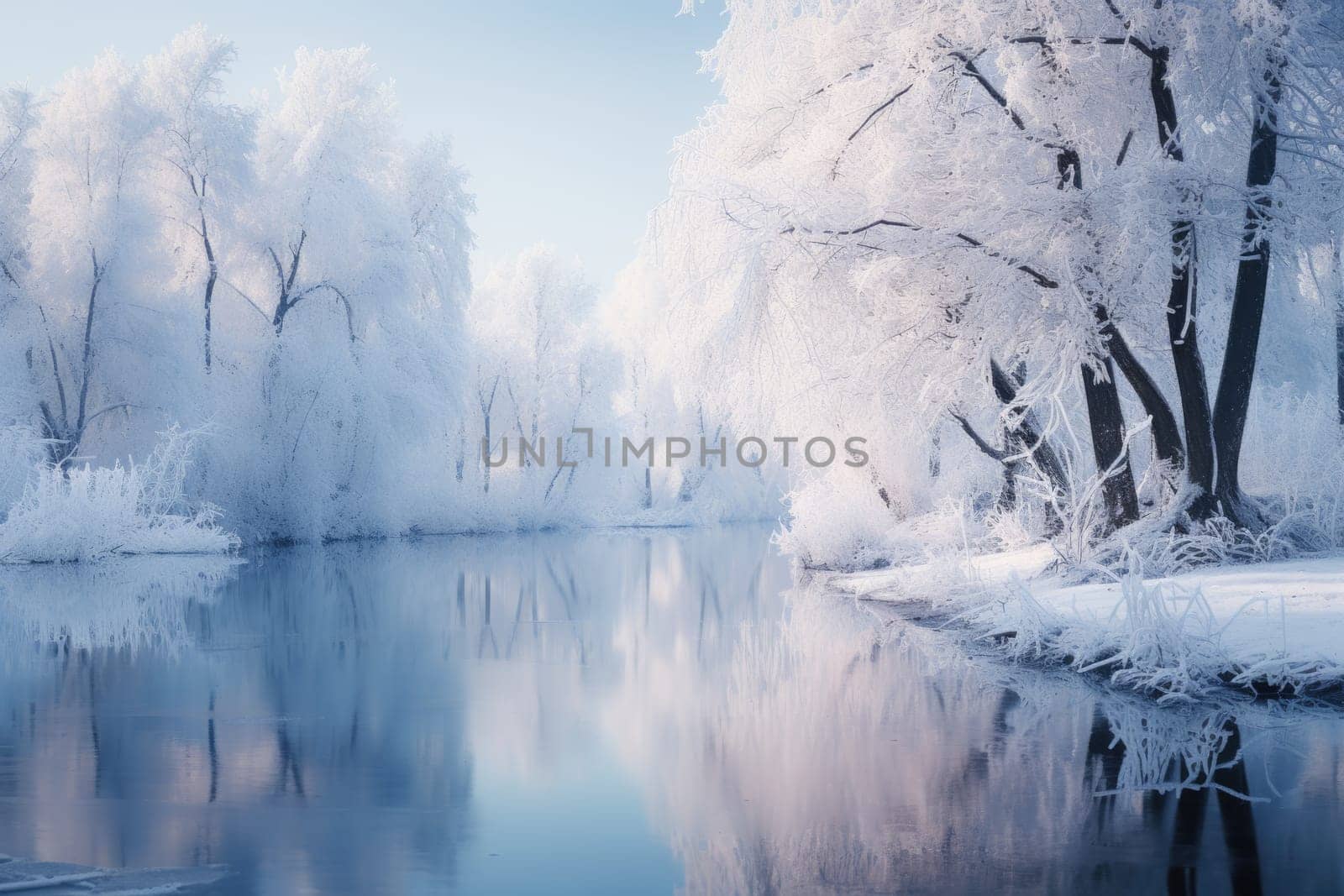 Peaceful winter landscape with tree and frozen lake, golden hour, sunrise. AI Generated
