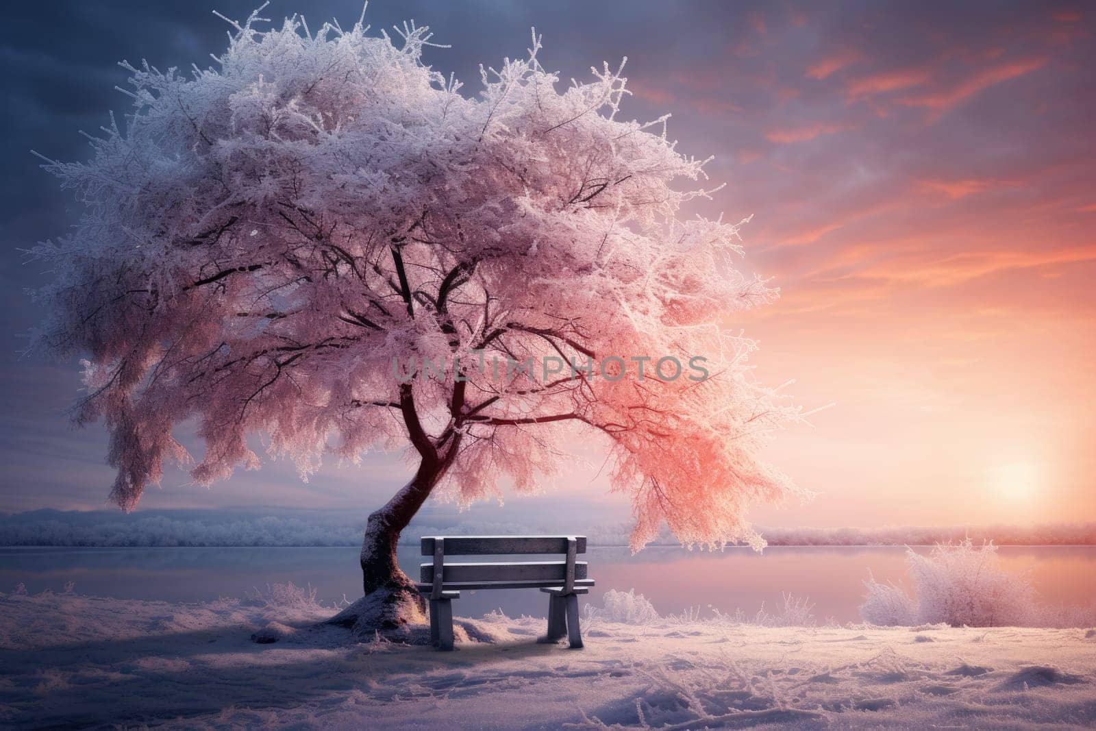 Peaceful winter landscape with tree and frozen lake, golden hour, sunrise. AI Generated