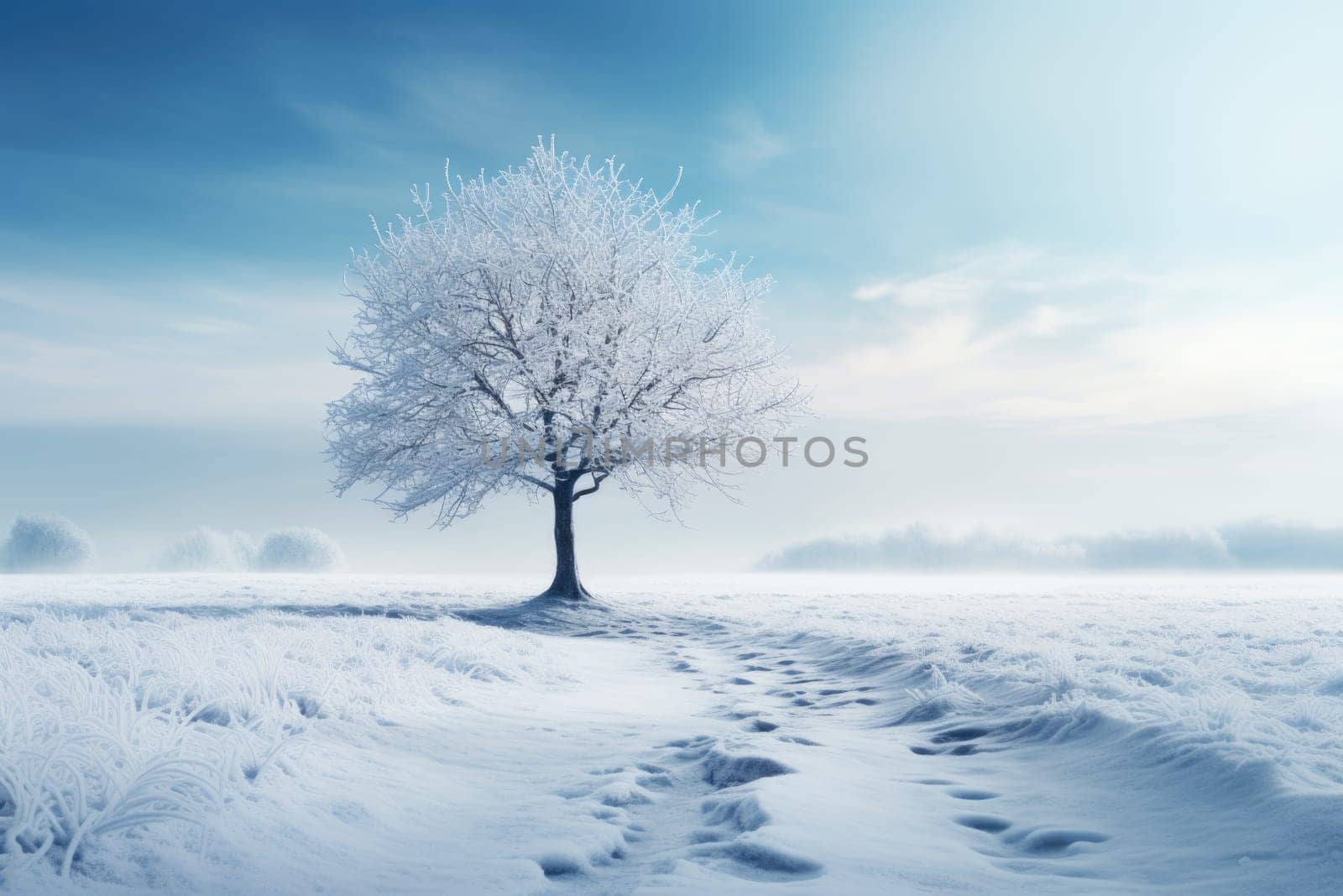 Peaceful winter landscape with tree and foggy lake, golden hour, sunrise. AI Generated