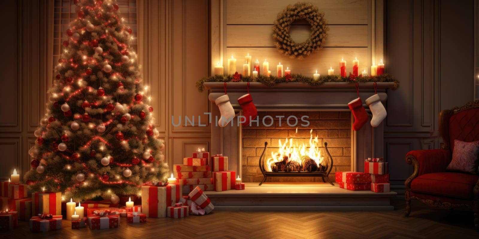 Interior of decorated living room with Christmas tree and comfortable sofa for family comeliness