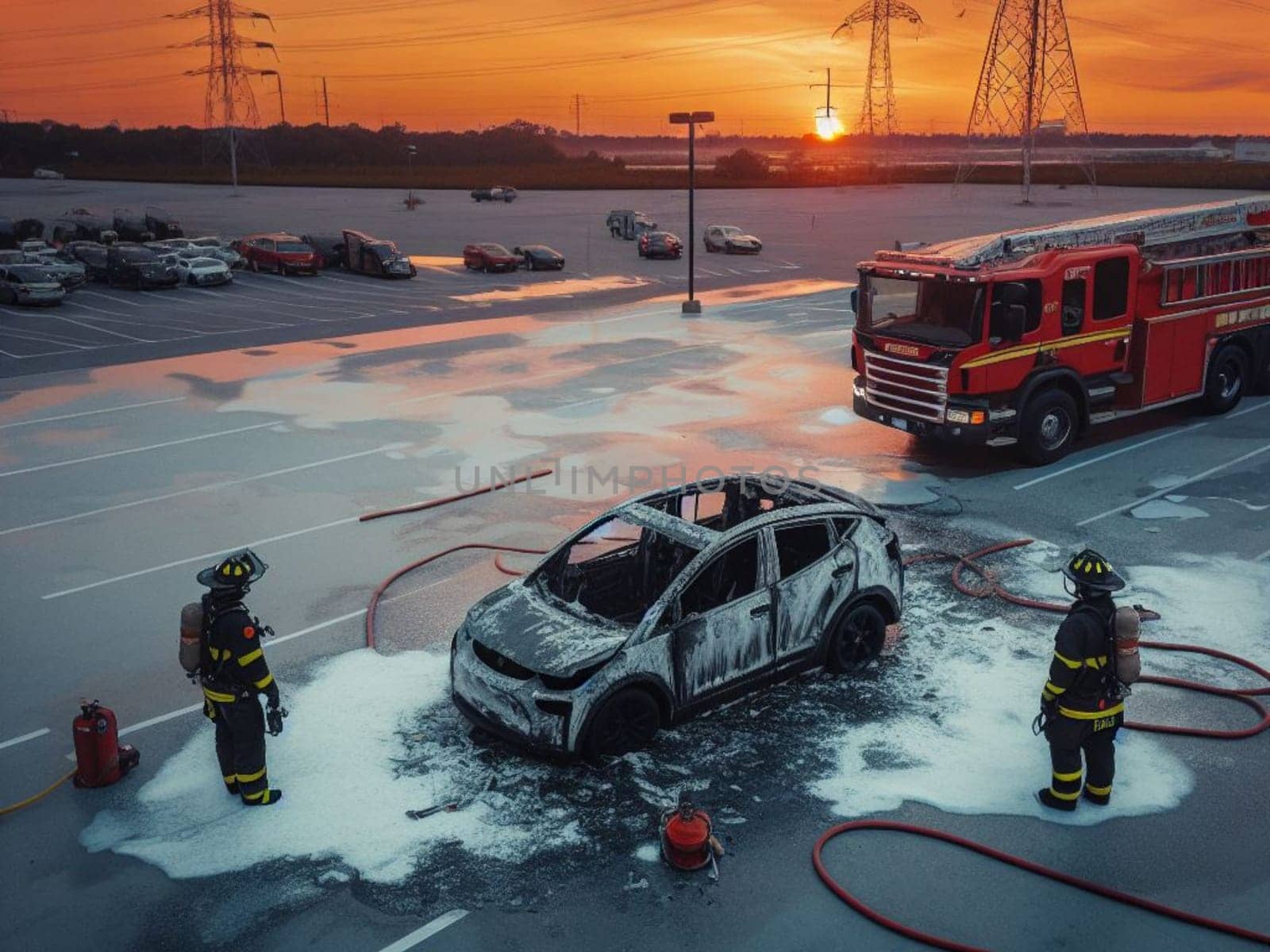 burned melted ev electric car, battery failure in parking lot, firefighter use foam to extinguish generative ai art