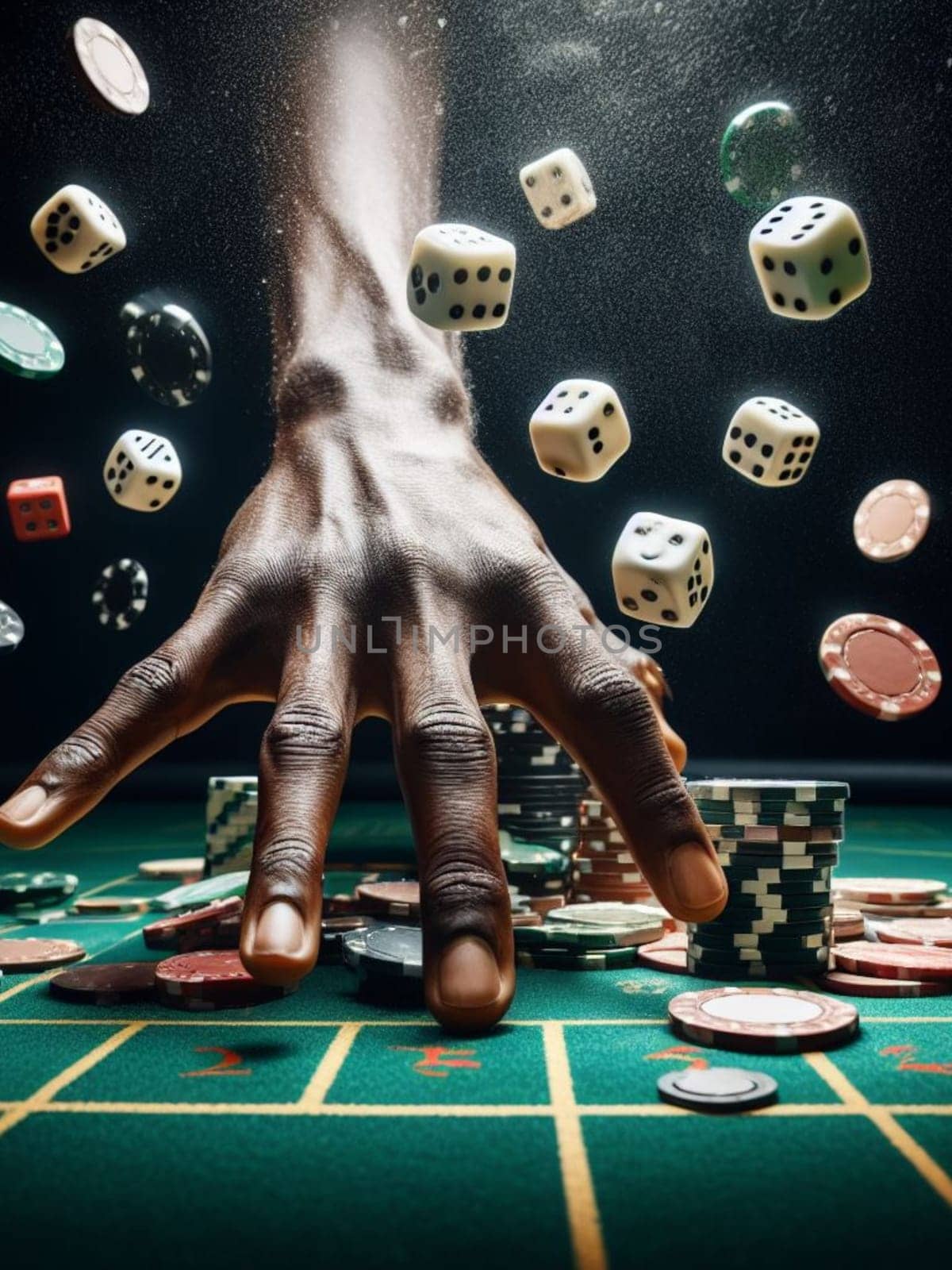 casino scene on a gaming table, freeze action fly dice, cards and chips, dark, bokeh , human hand generative ai art