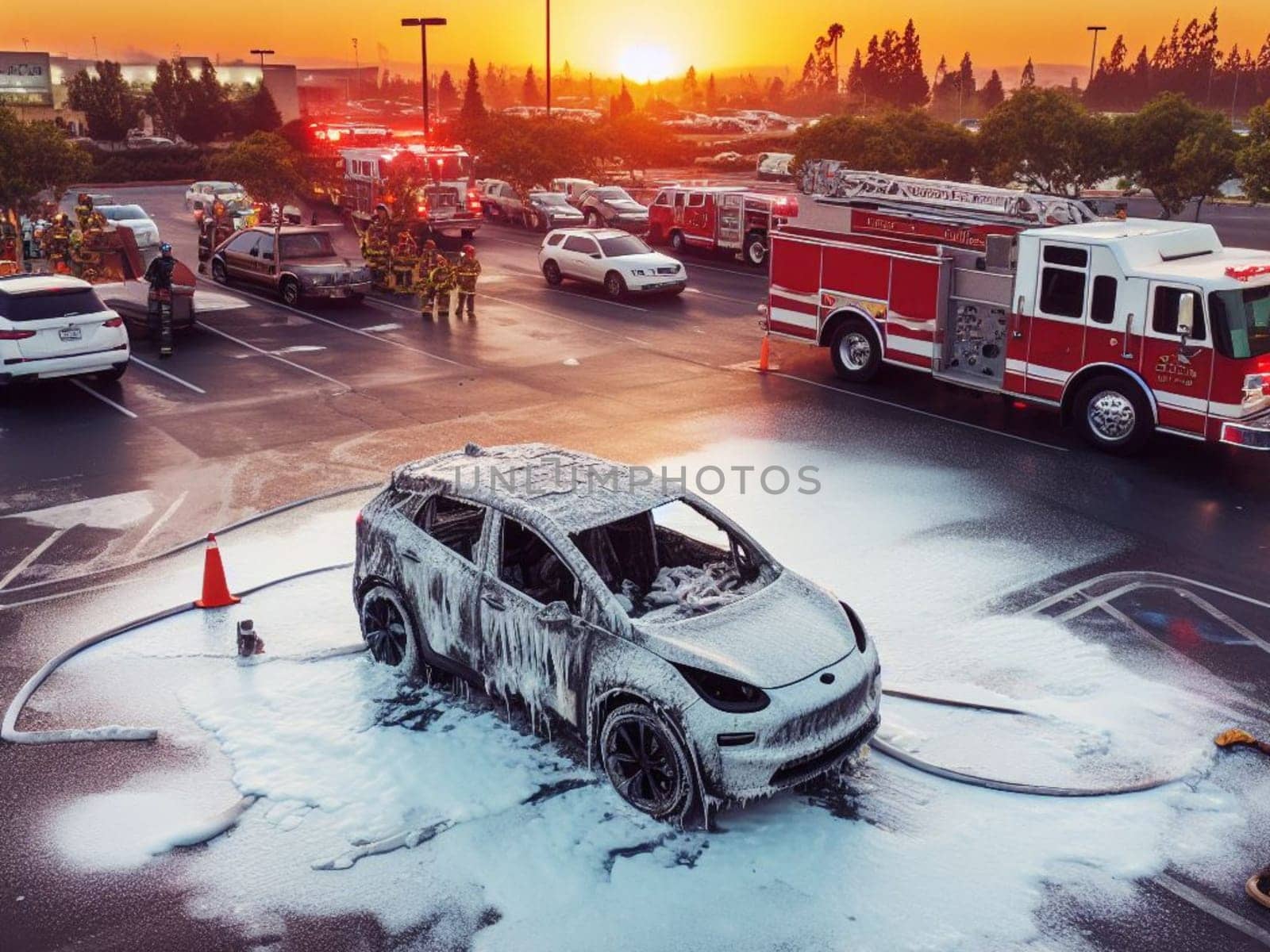 burned melted ev electric car, battery failure in parking lot, firefighter use foam to extinguish by verbano