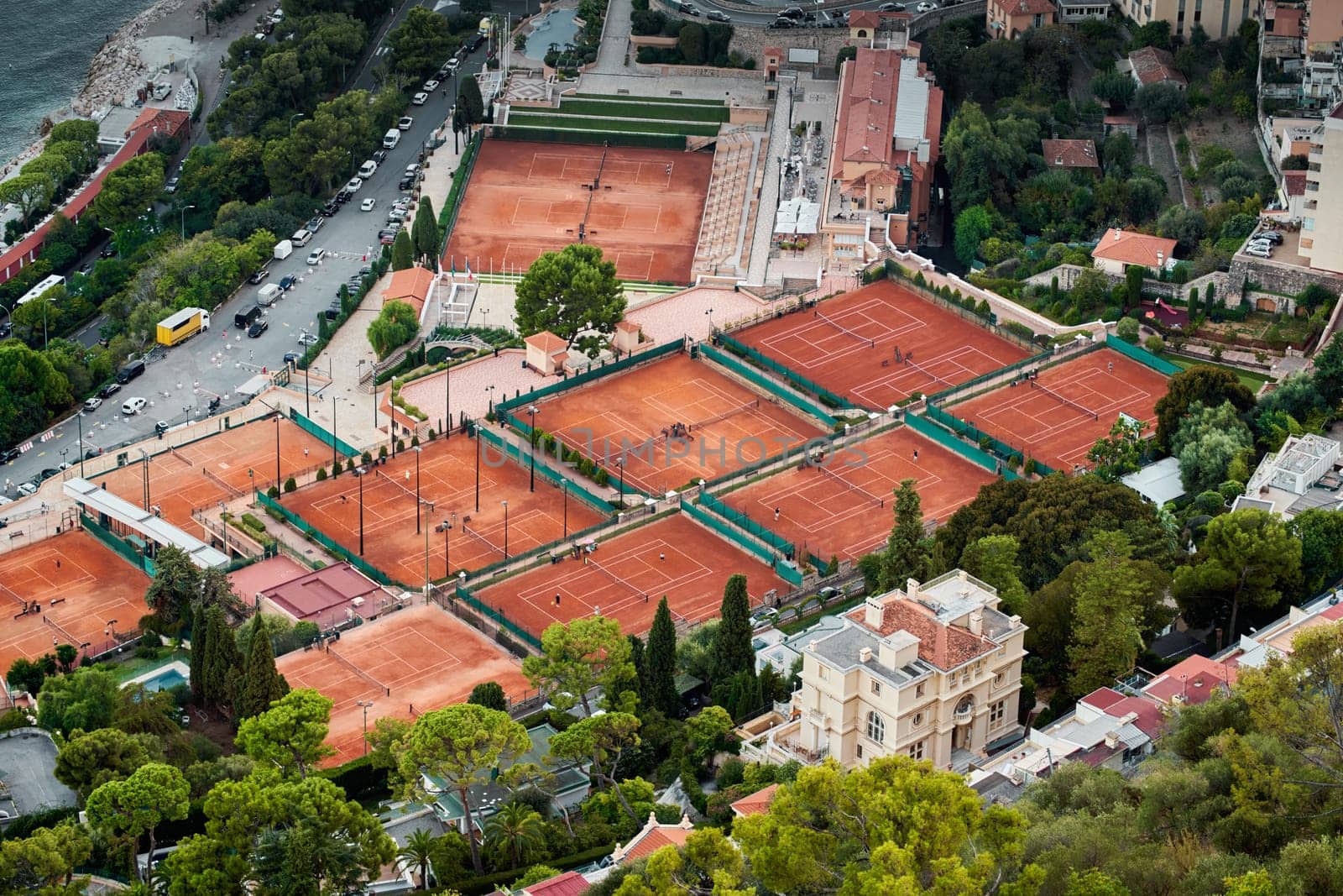 Monaco, Monte Carlo, 30 September 2022 - empty tennis courts of country club, courts where Rolex games are held, Cote d'Azur. High quality photo