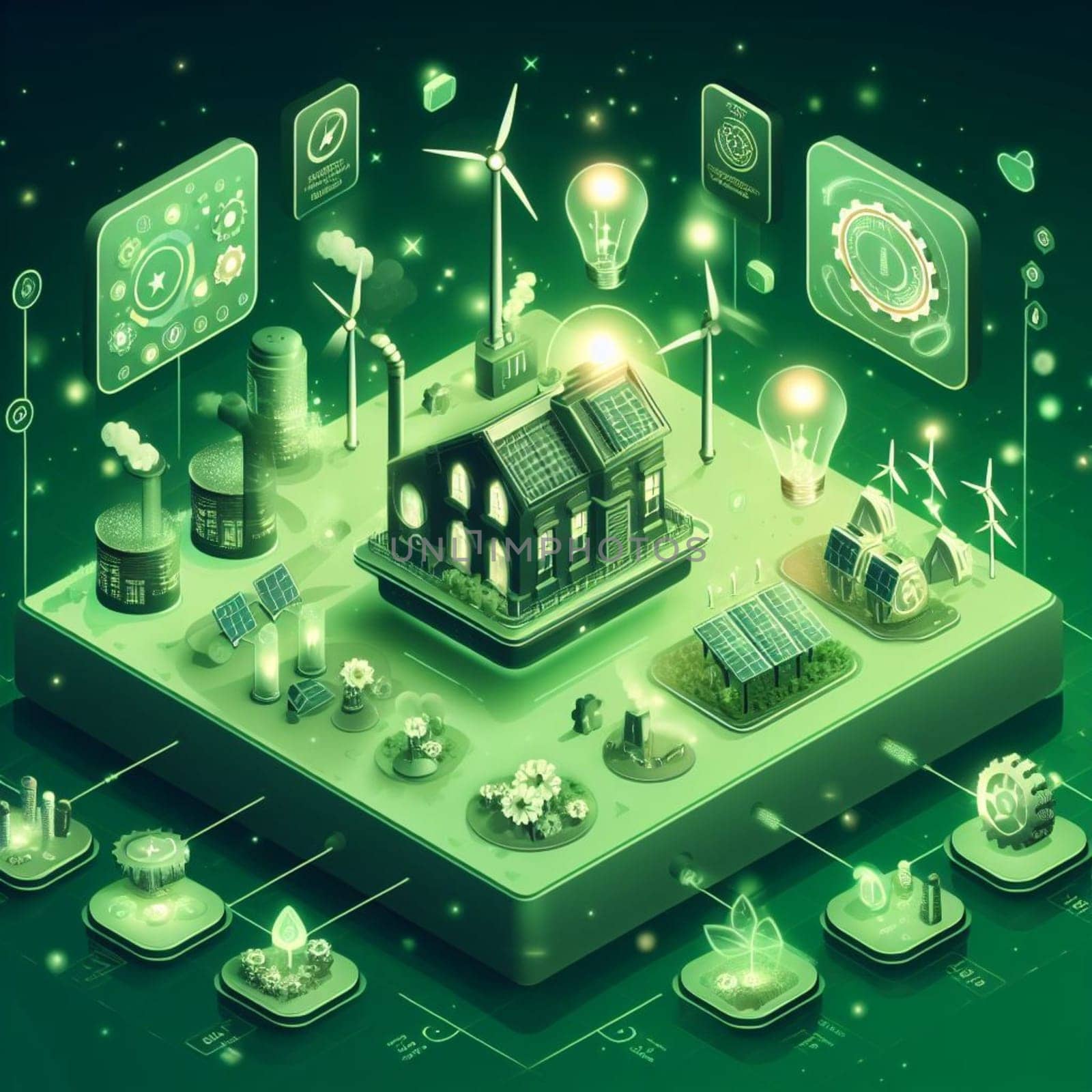 info graphic isometric depicting a set of clean energyy generation icons and situation for better future ai art