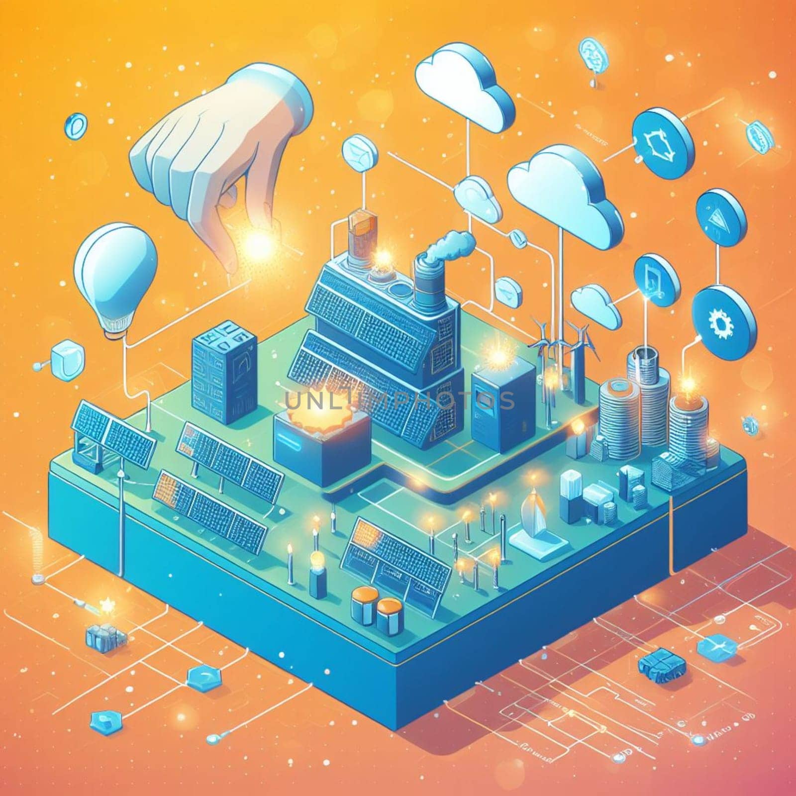 info graphic isometric depicting a set of clean energyy generation icons and situation for better future ai art