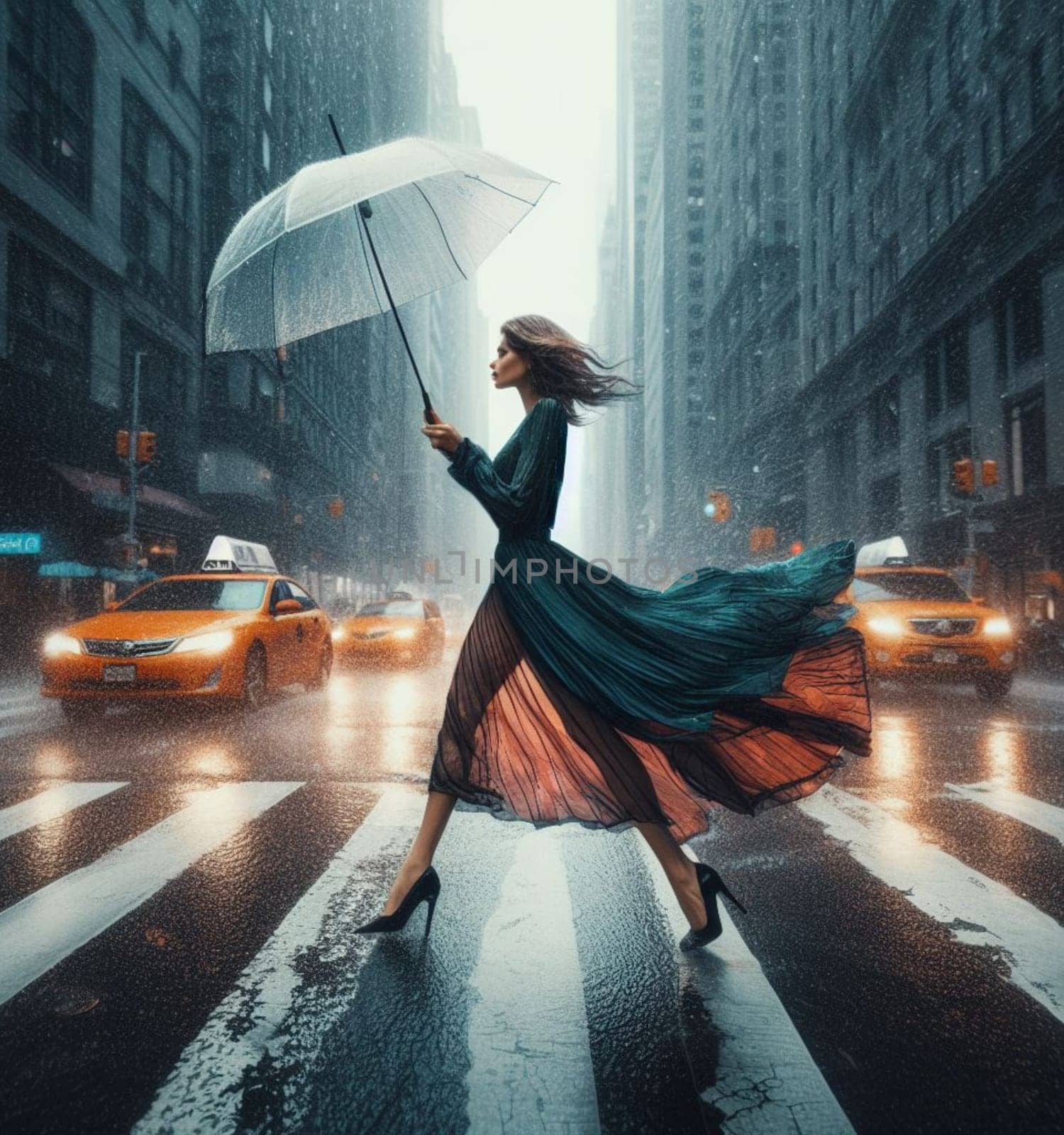 voluptous woman using umbrella joyful wearing a light floral dress under heavy rain in New York City among traffic crossing street painting